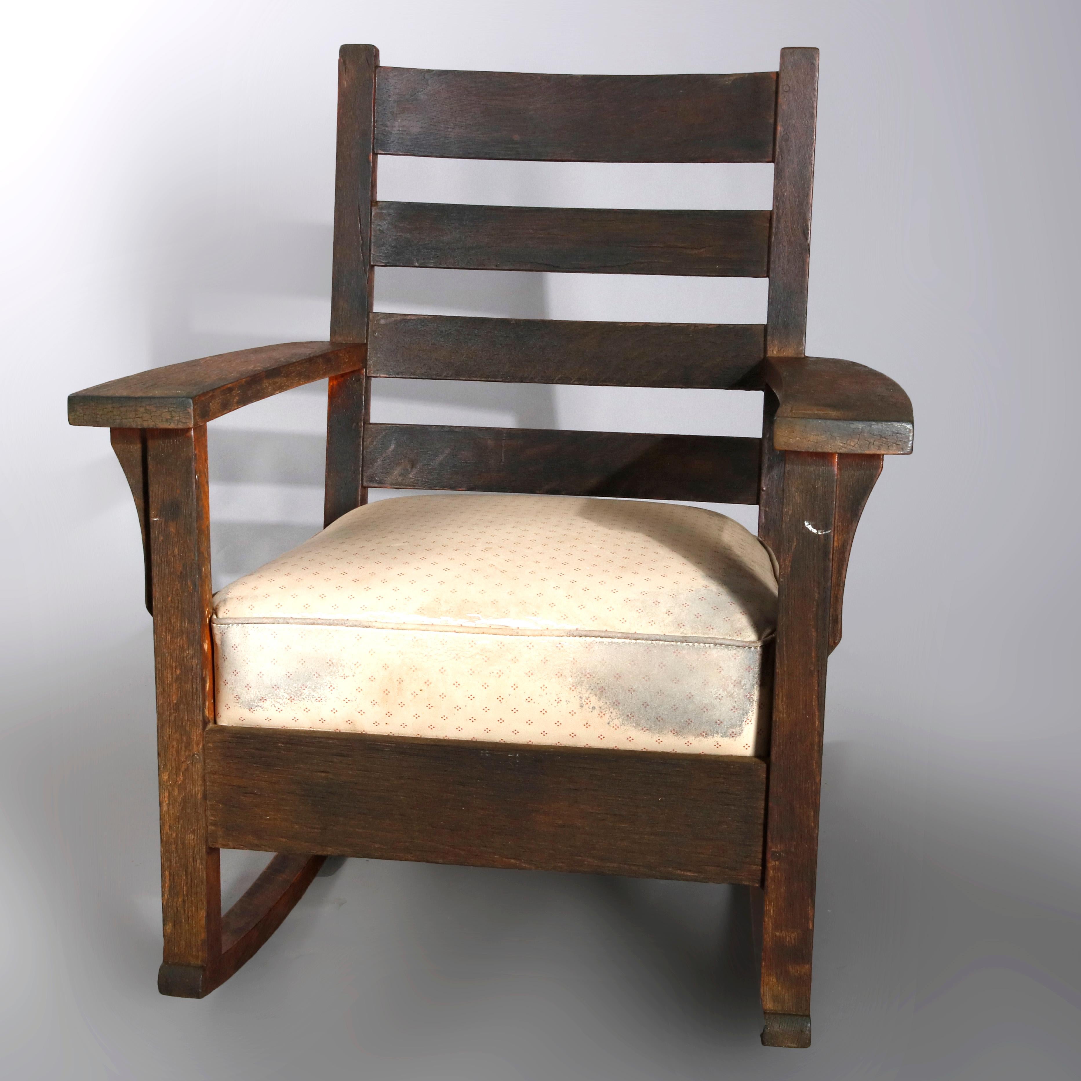 Upholstery Antique Arts & Crafts L & JG Stickley Mission Oak Slat Back Rocking Chair
