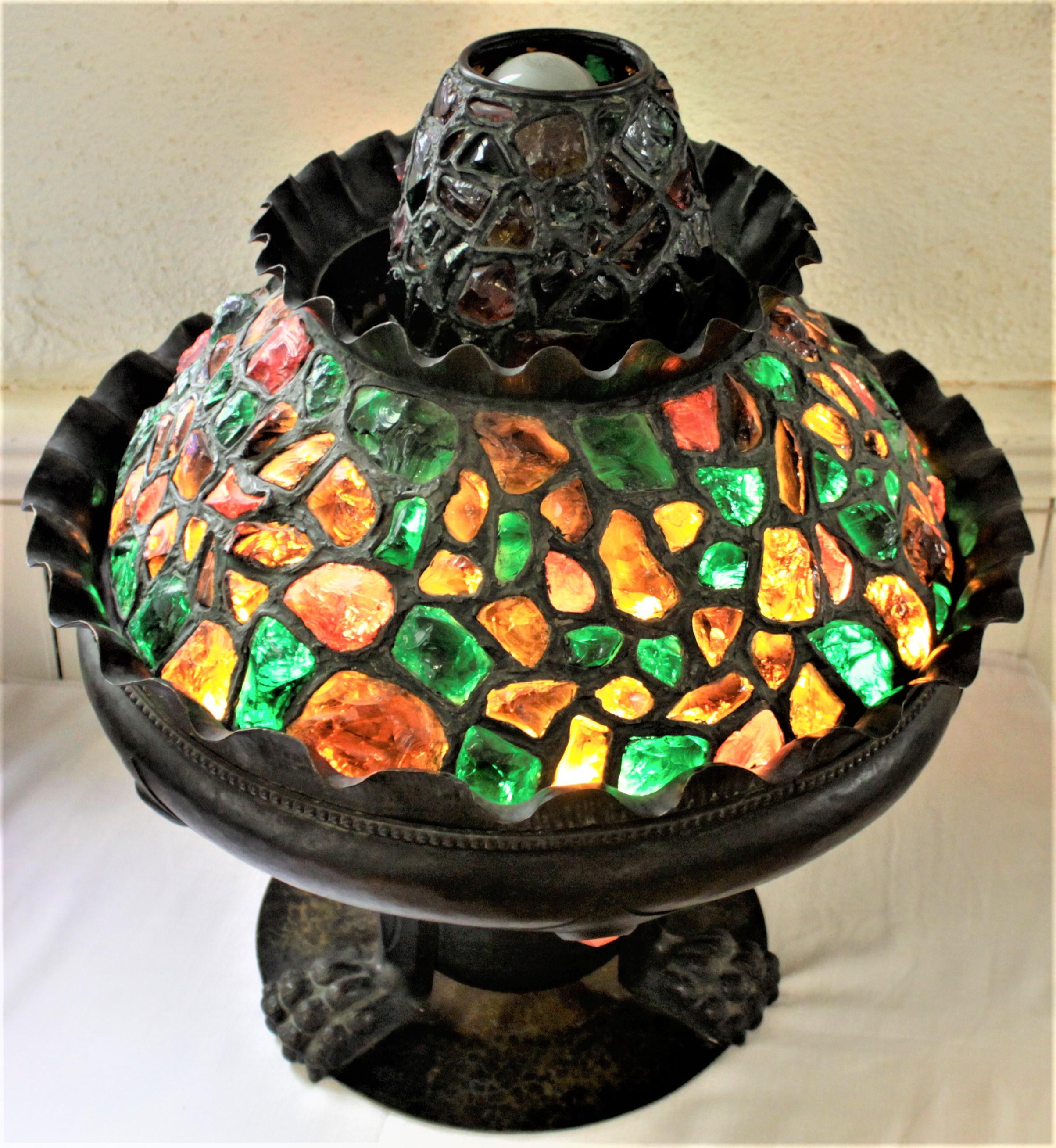 Inlay Antique Arts & Crafts Large Copper Indoor Fountain Table Lamp or Accent Light For Sale