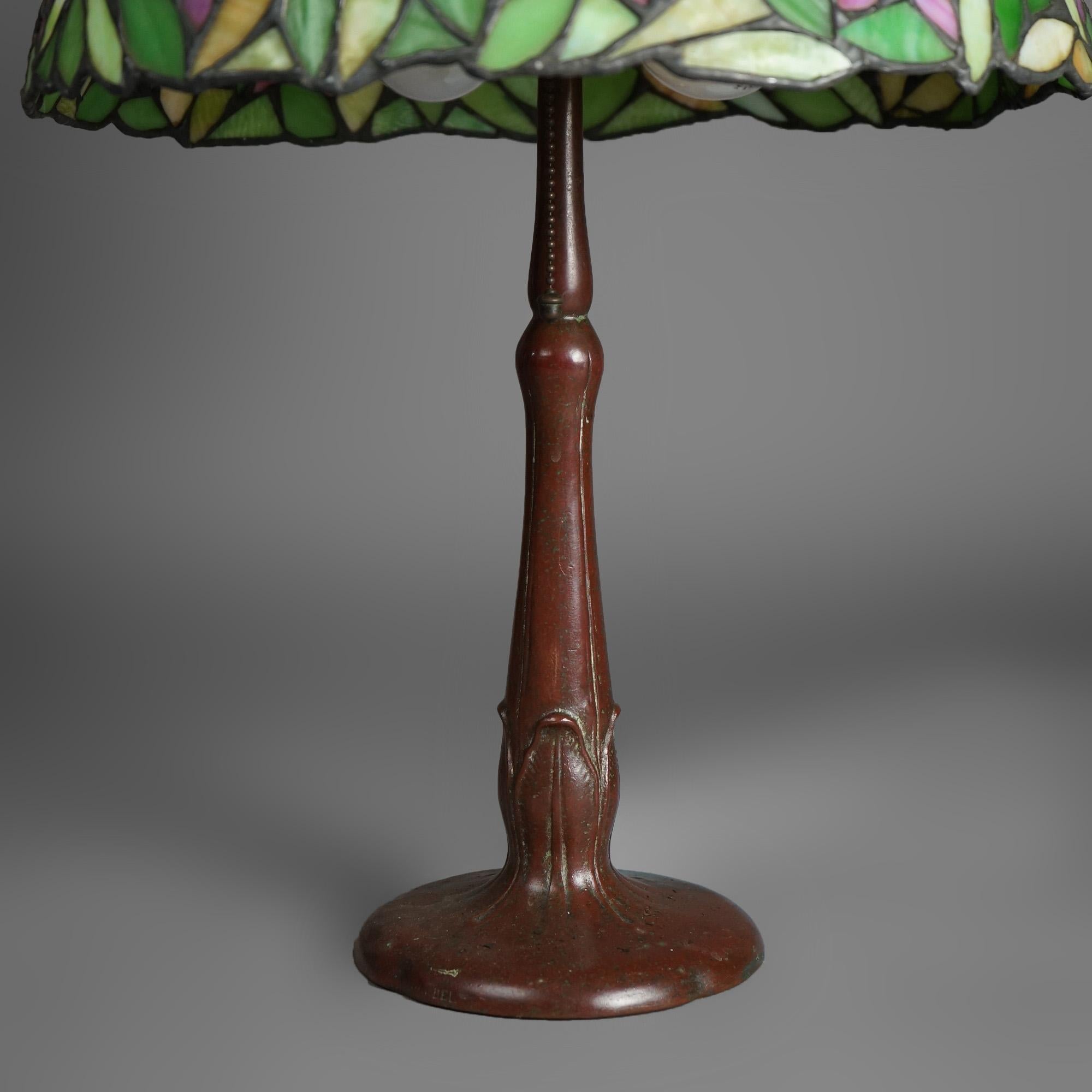 Antique Arts & Crafts Leaded Glass Lamp With Unique Shade & Handel Base c1920 2