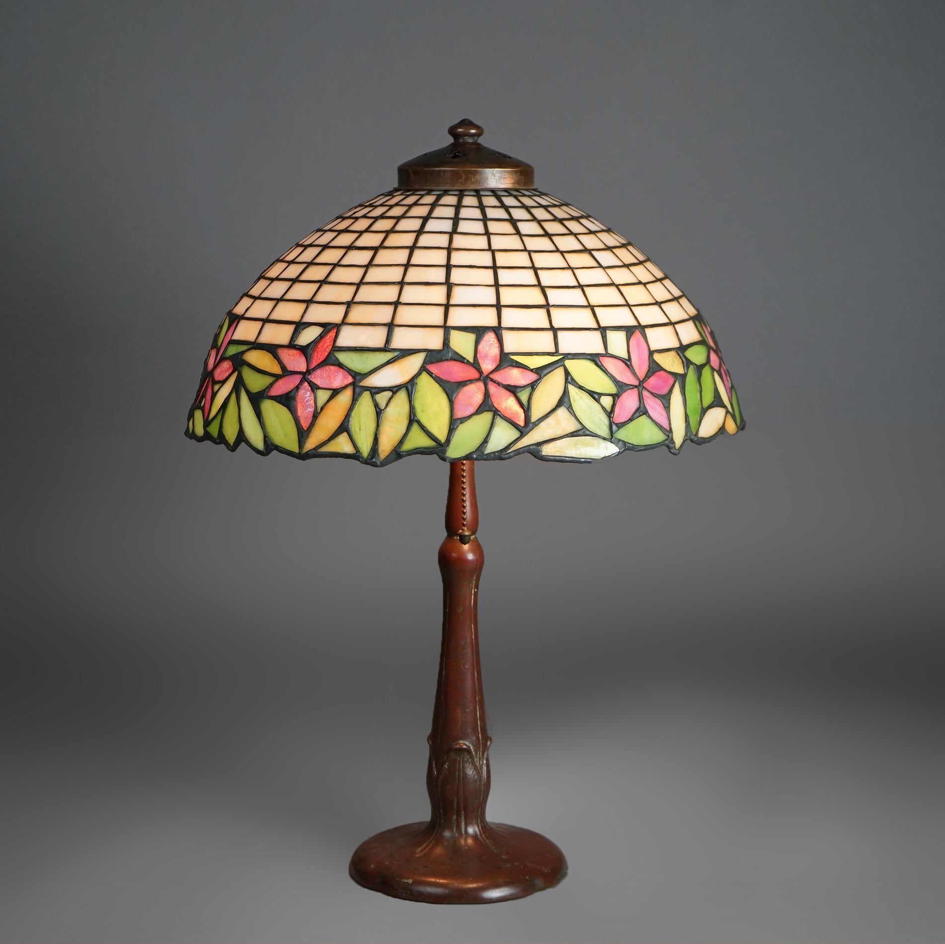 Antique Arts & Crafts Leaded Glass Lamp With Unique Shade & Handel Base c1920 4