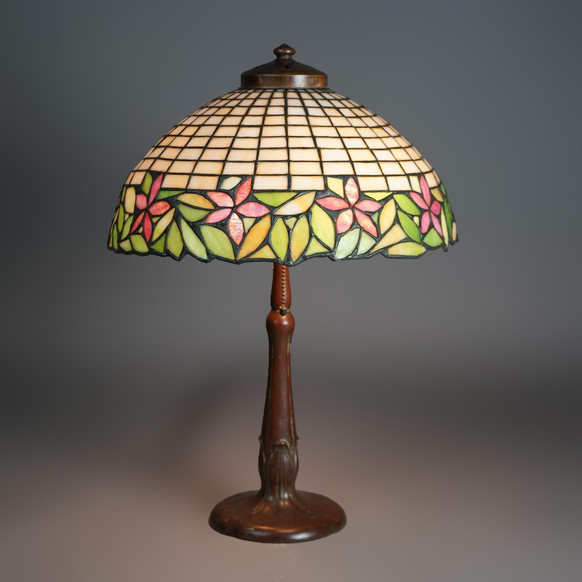 Antique Arts & Crafts Leaded Glass Lamp With Unique Shade & Handel Base c1920 5