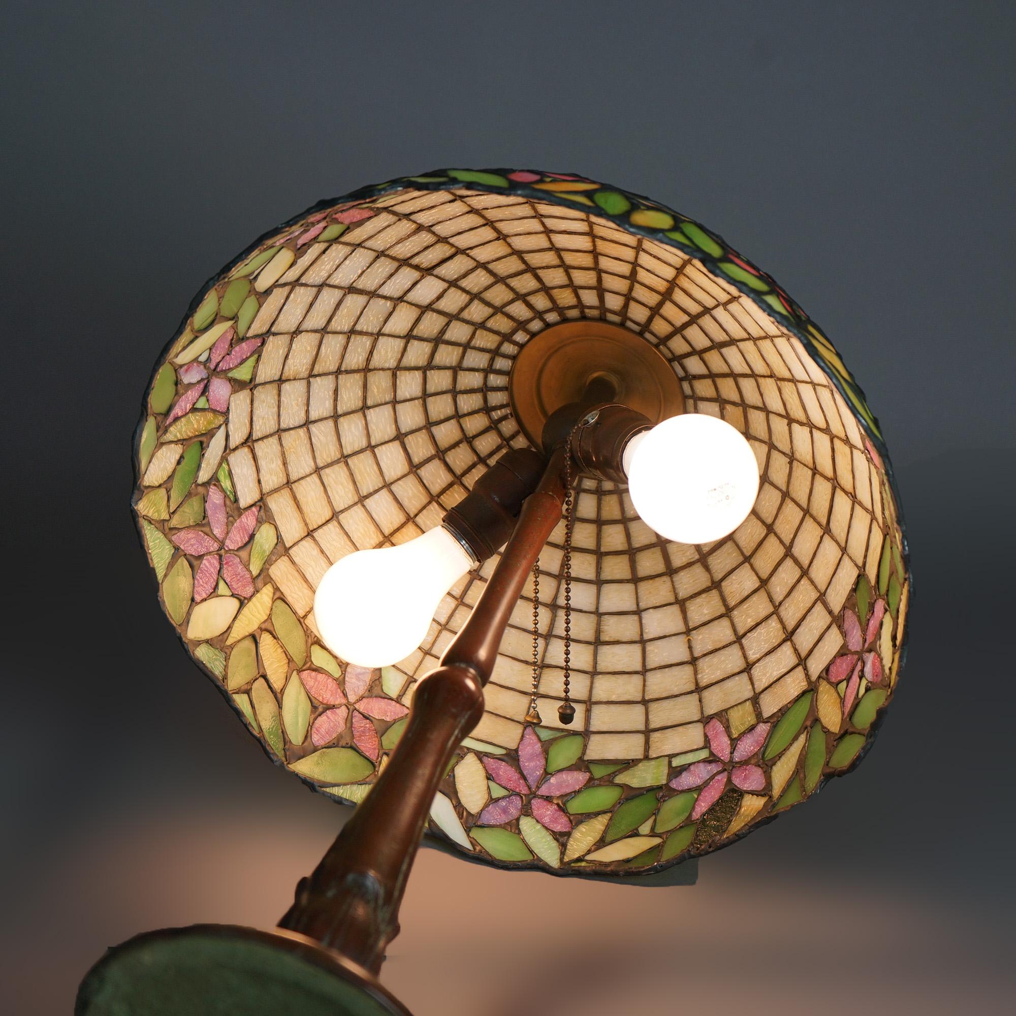 Antique Arts & Crafts Leaded Glass Lamp With Unique Shade & Handel Base c1920 7