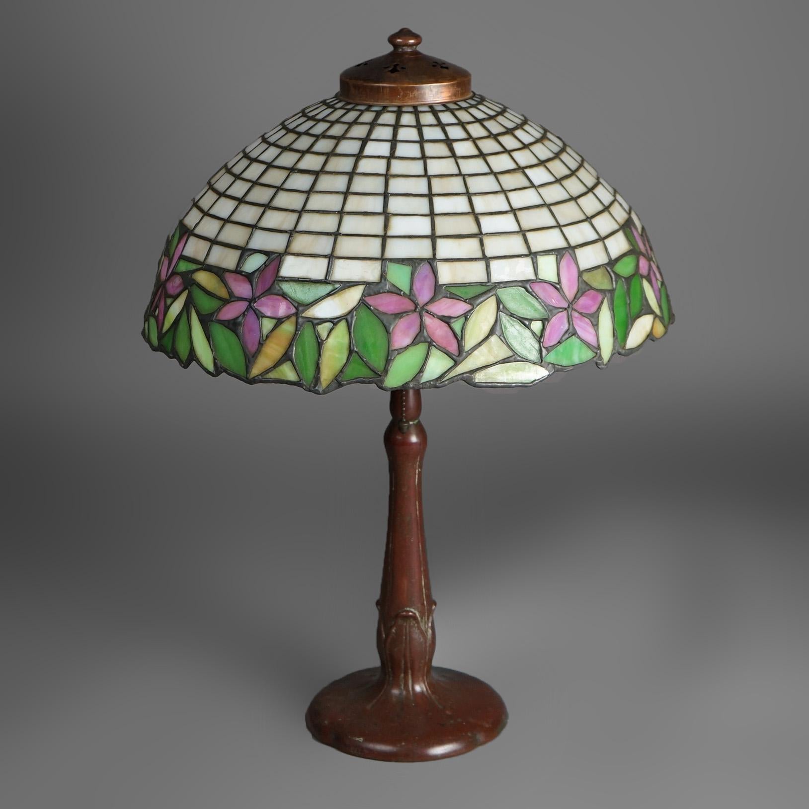 Arts and Crafts Antique Arts & Crafts Leaded Glass Lamp With Unique Shade & Handel Base c1920