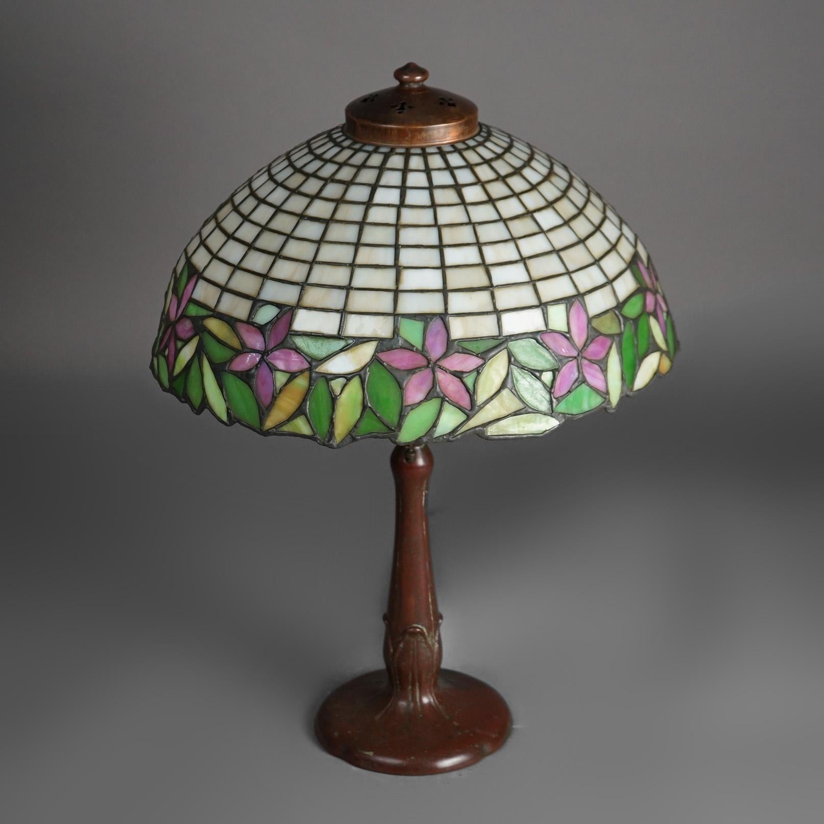 American Antique Arts & Crafts Leaded Glass Lamp With Unique Shade & Handel Base c1920