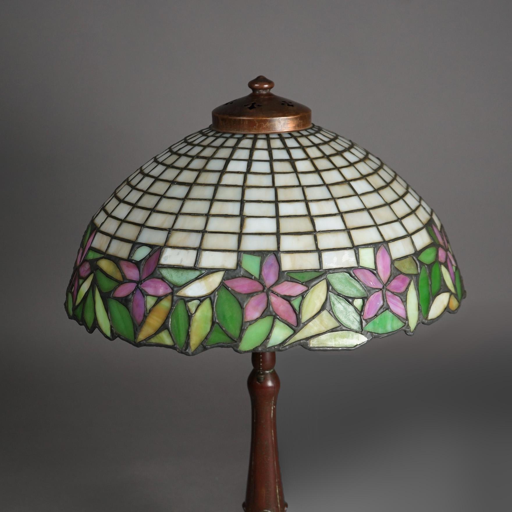 Cast Antique Arts & Crafts Leaded Glass Lamp With Unique Shade & Handel Base c1920
