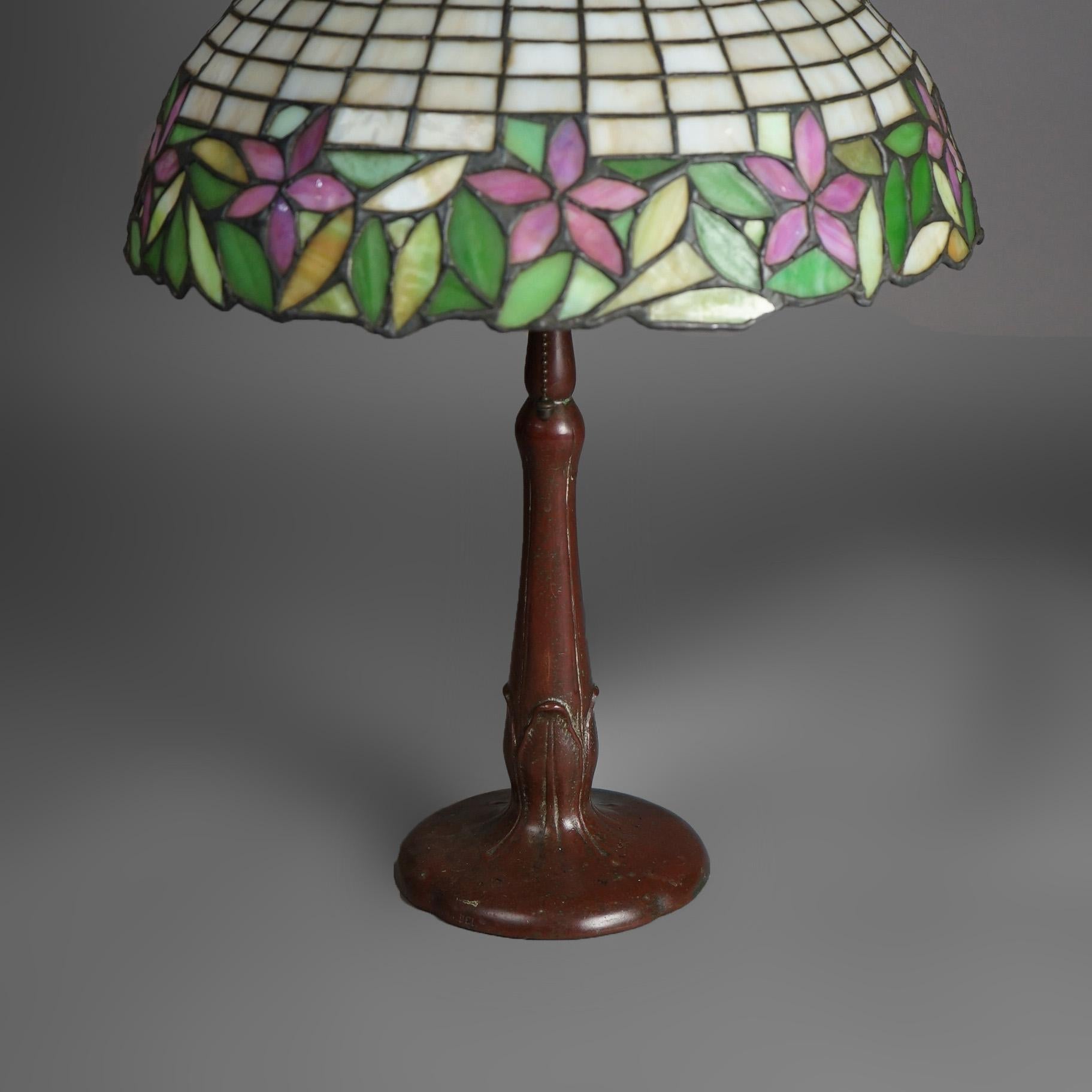 Antique Arts & Crafts Leaded Glass Lamp With Unique Shade & Handel Base c1920 In Good Condition In Big Flats, NY
