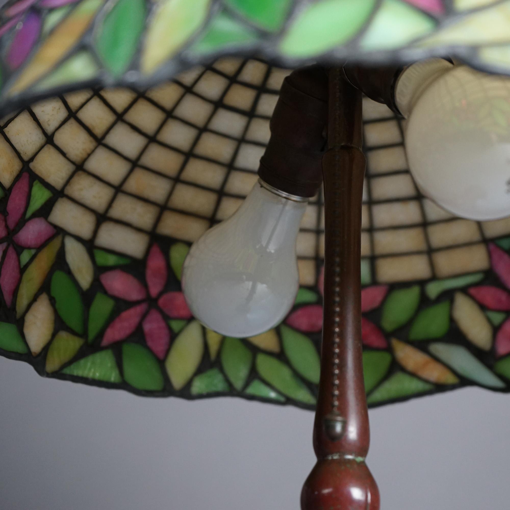 20th Century Antique Arts & Crafts Leaded Glass Lamp With Unique Shade & Handel Base c1920