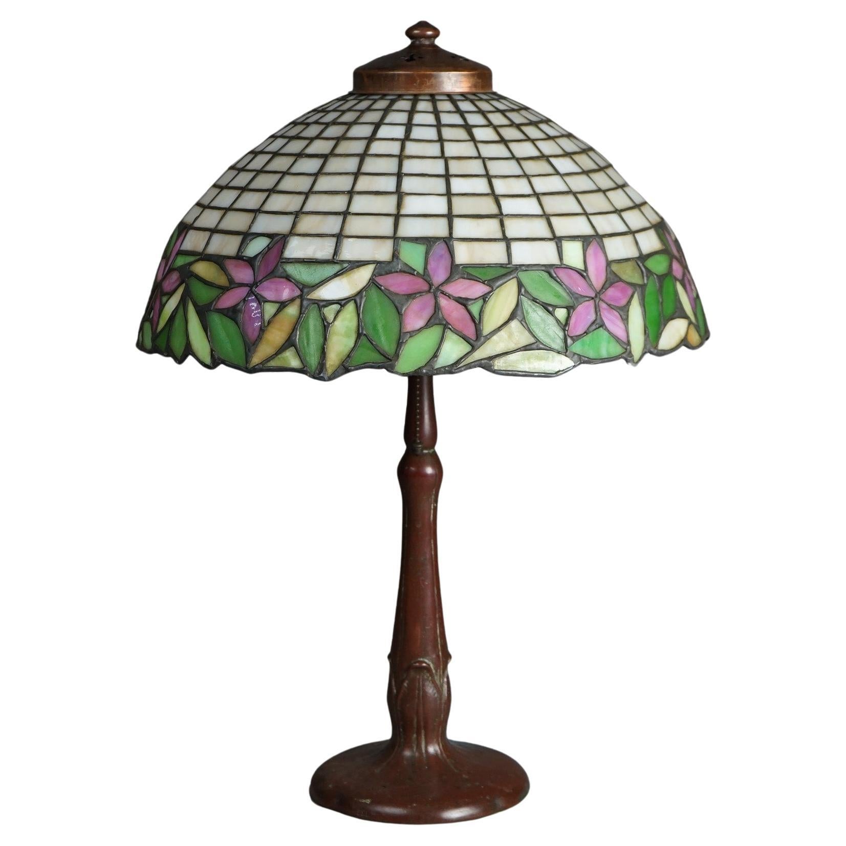 Antique Arts & Crafts Leaded Glass Lamp With Unique Shade & Handel Base c1920