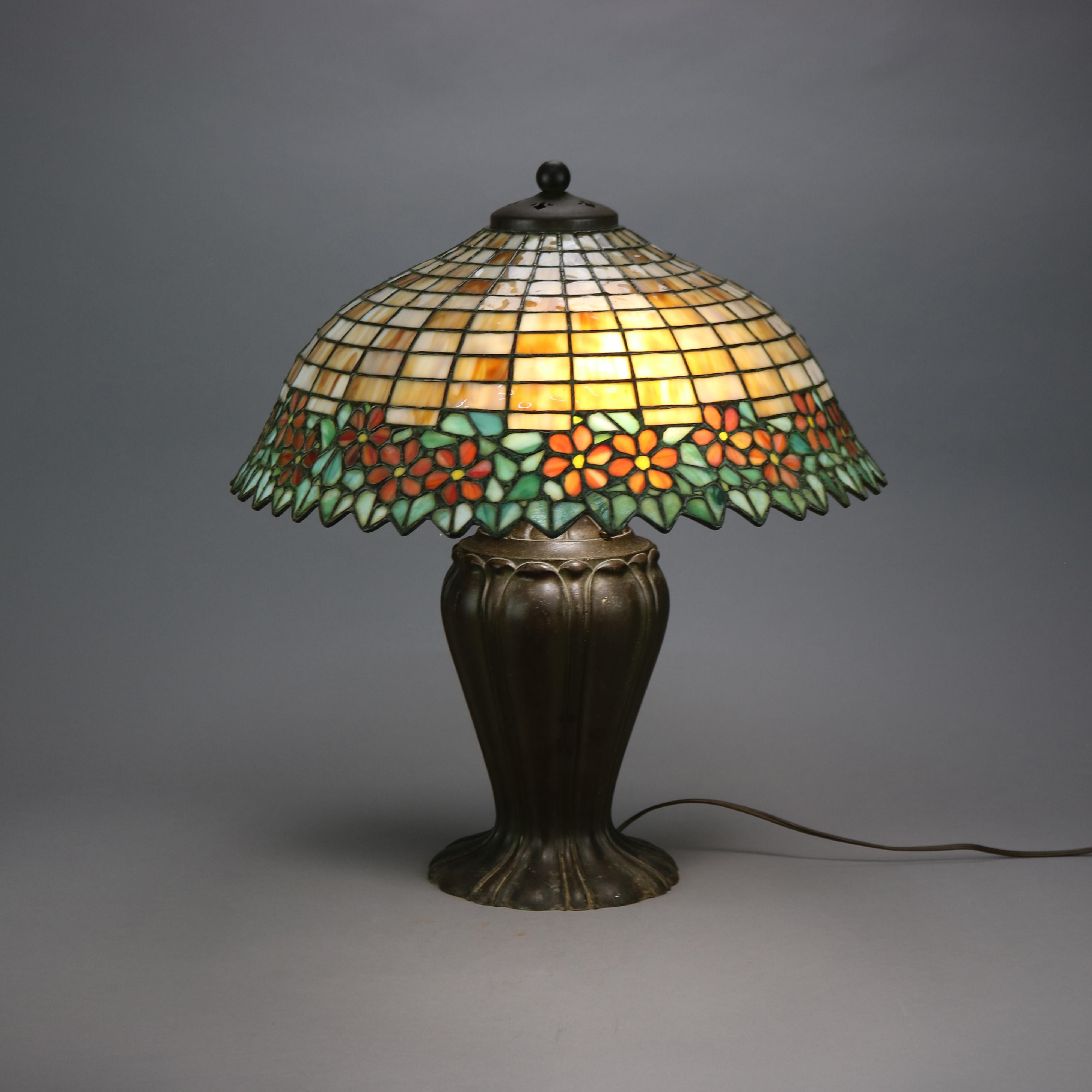 Cast Antique Arts & Crafts Leaded Glass Table Lamp, Attr. Unique & Handel, circa 1920