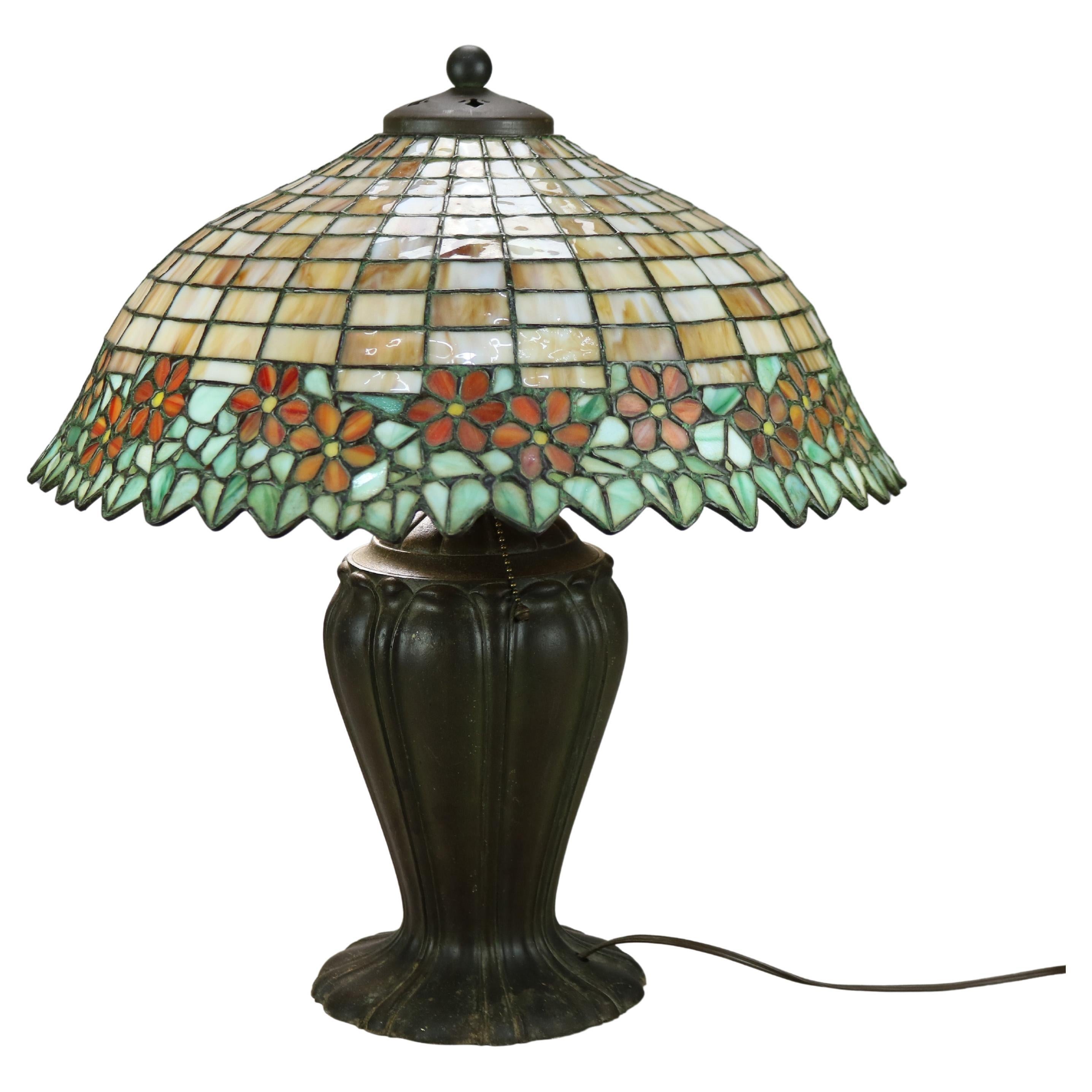 Antique Arts & Crafts Leaded Glass Table Lamp, Attr. Unique & Handel, circa 1920