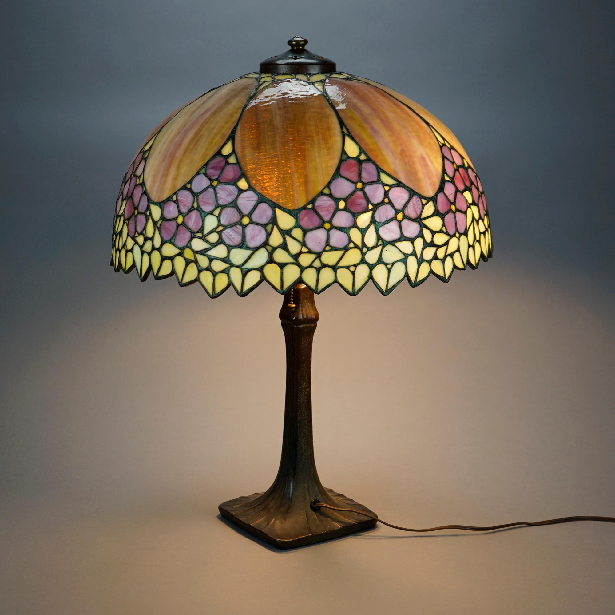 American Antique Arts & Crafts Leaded Glass Unique Shade & Handel Table Lamp circa 1910