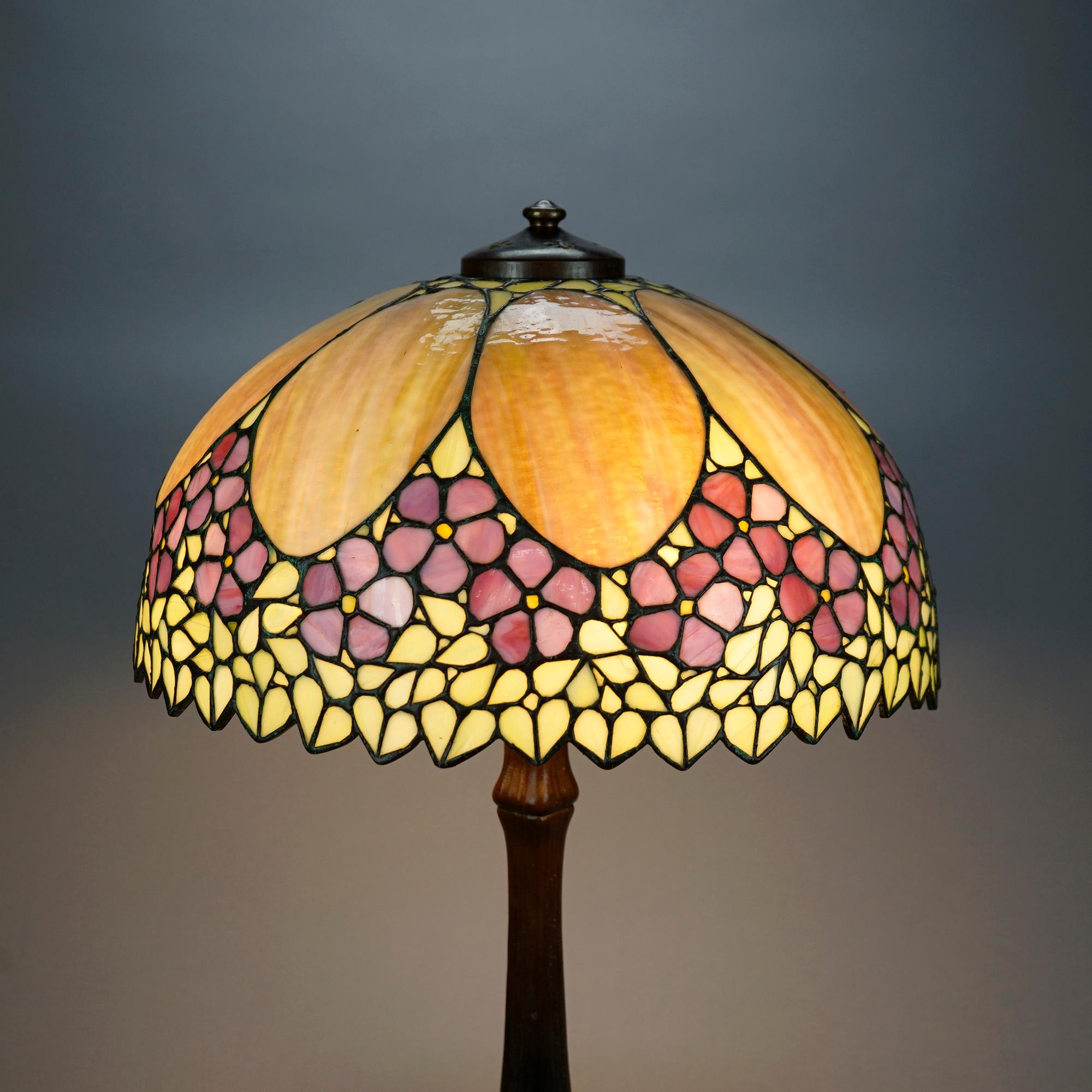 20th Century Antique Arts & Crafts Leaded Glass Unique Shade & Handel Table Lamp circa 1910