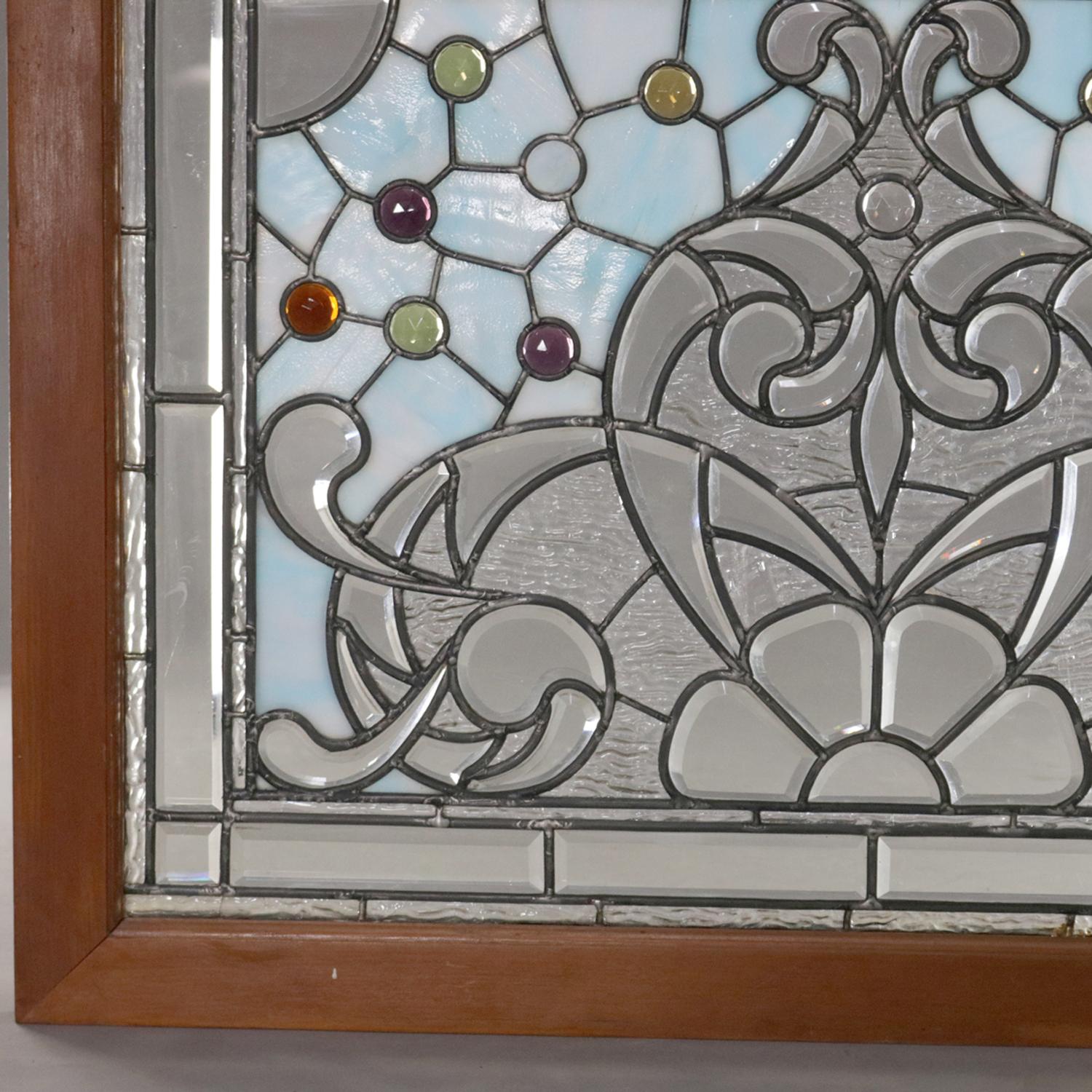 American Antique Arts & Crafts Leaded Jewel, Slag & Beveled Glass Window Panel circa 1910