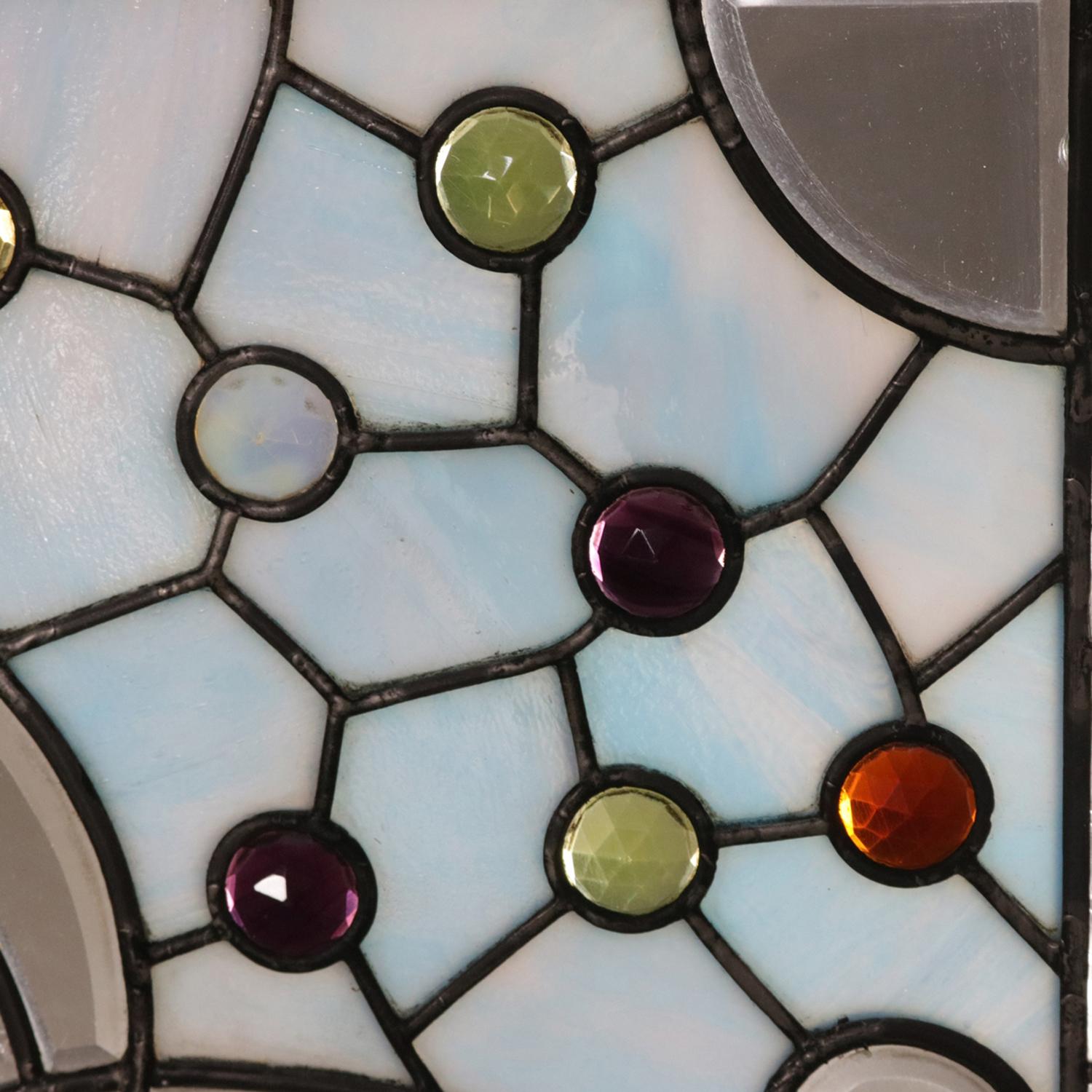 Antique Arts & Crafts Leaded Jewel, Slag & Beveled Glass Window Panel circa 1910 In Good Condition In Big Flats, NY