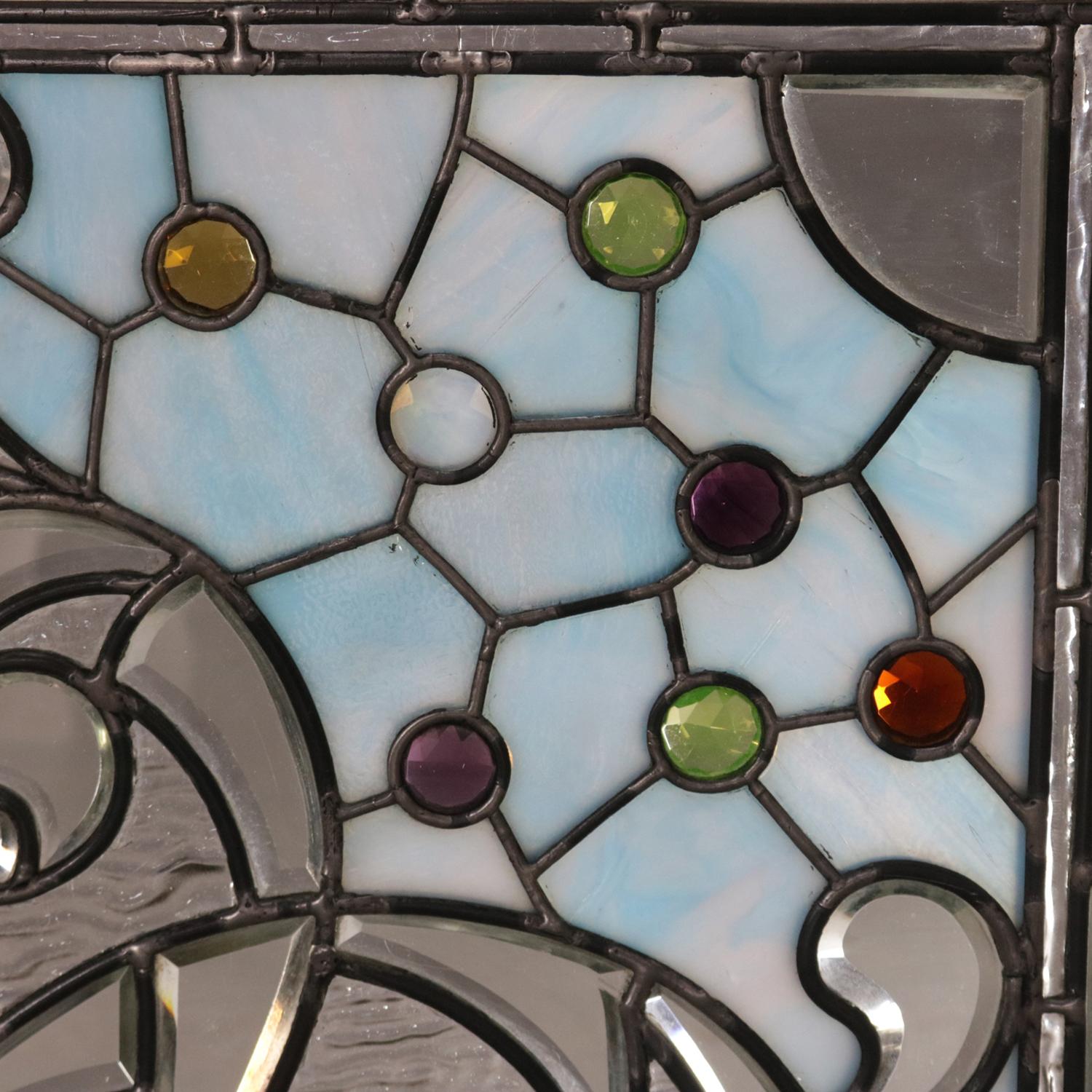 Slag Glass Antique Arts & Crafts Leaded Jewel, Slag & Beveled Glass Window Panel circa 1910