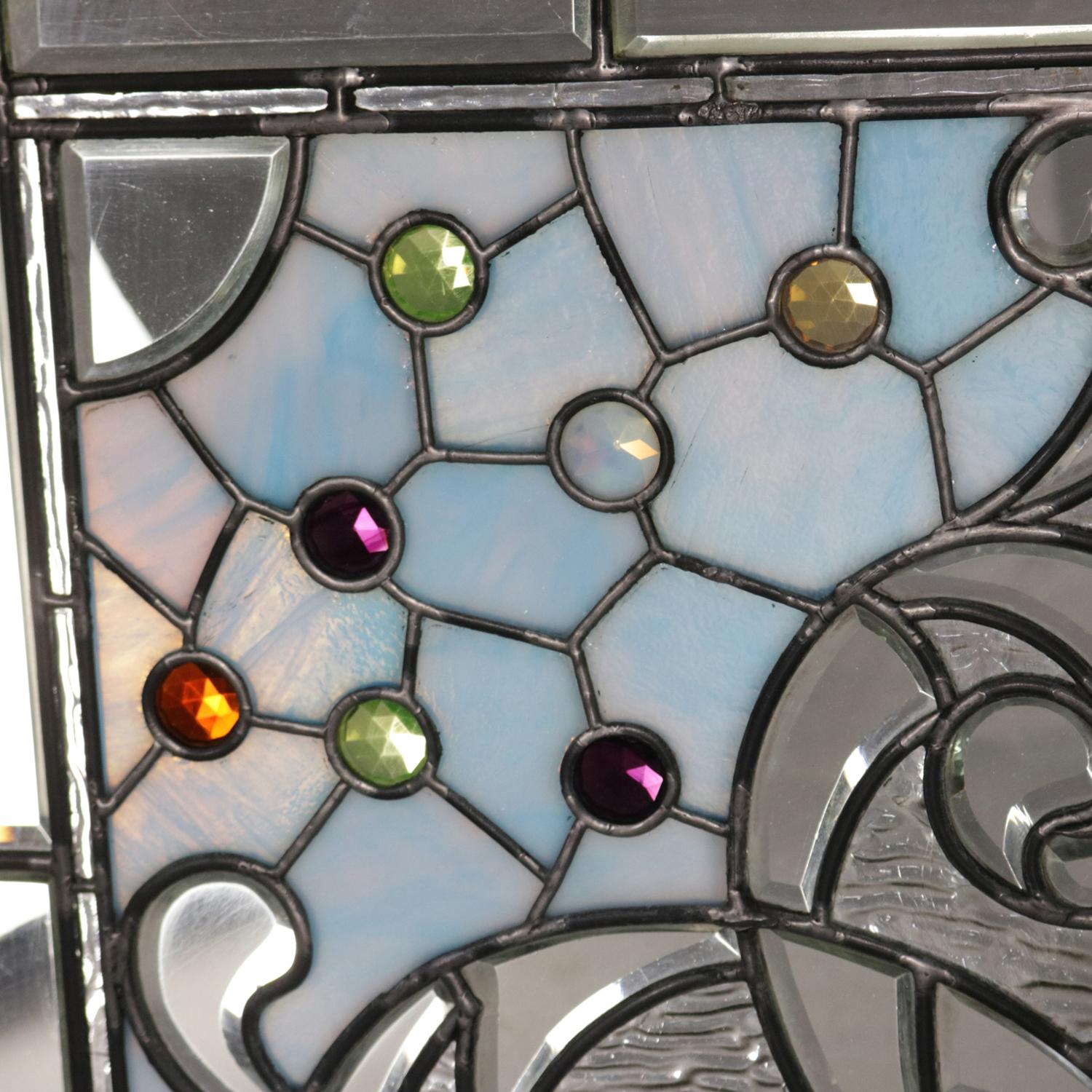 Antique Arts & Crafts Leaded Jewel, Slag & Beveled Glass Window Panel circa 1910 1