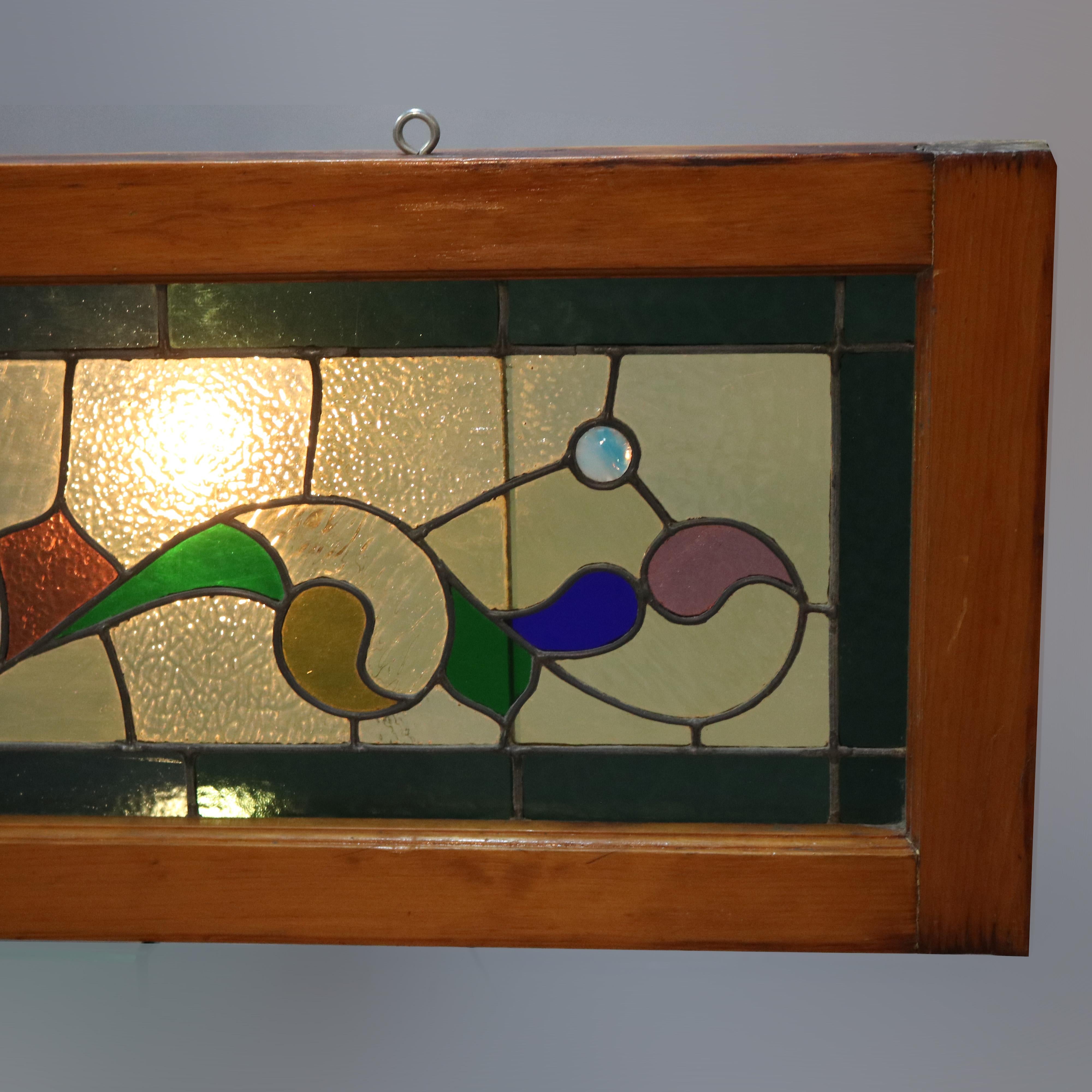 Carved Antique Arts Crafts Leaded & Jeweled Glass Window, Circa 1900