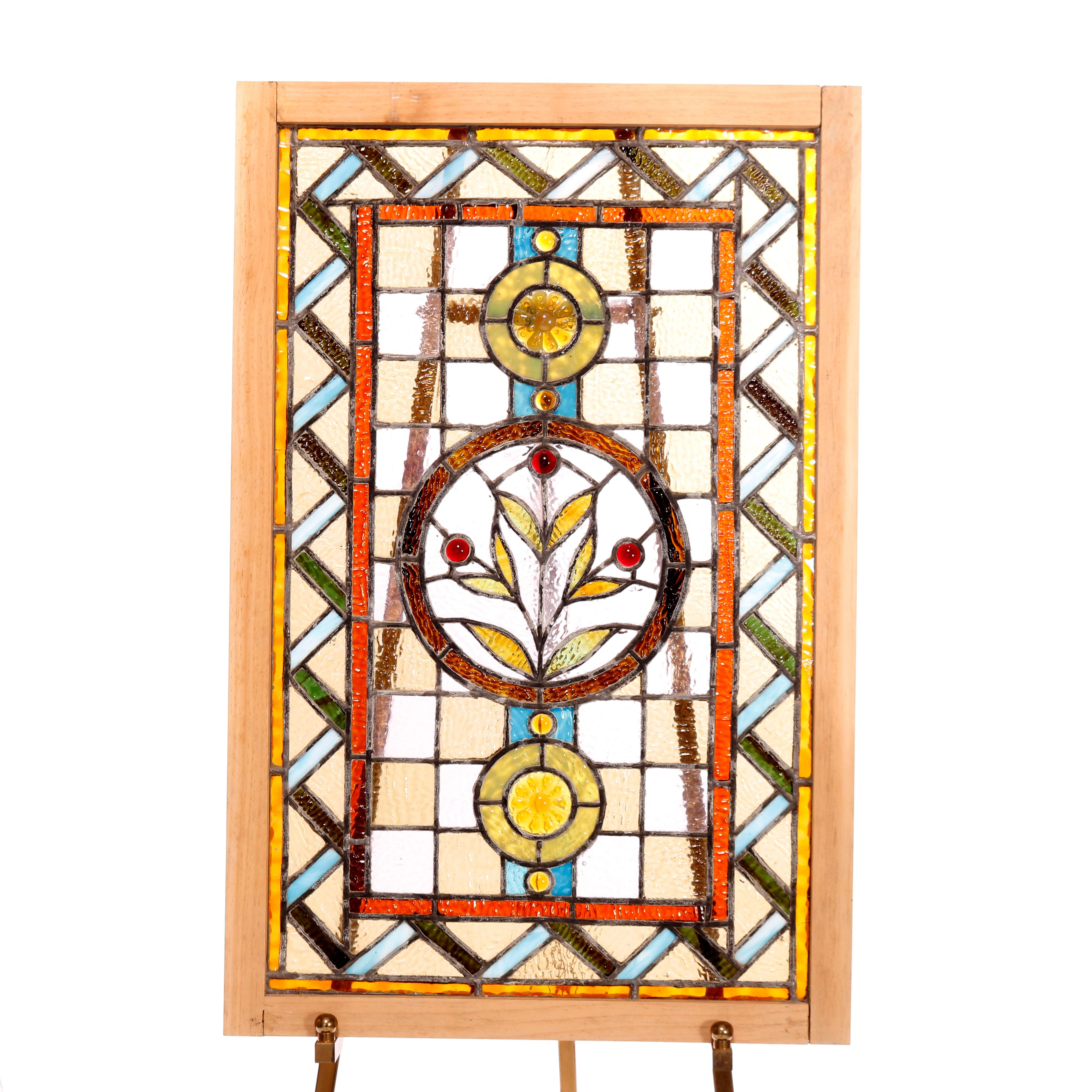 Antique Arts & Crafts Leaded & Jeweled Glass Windows, circa 1910 9