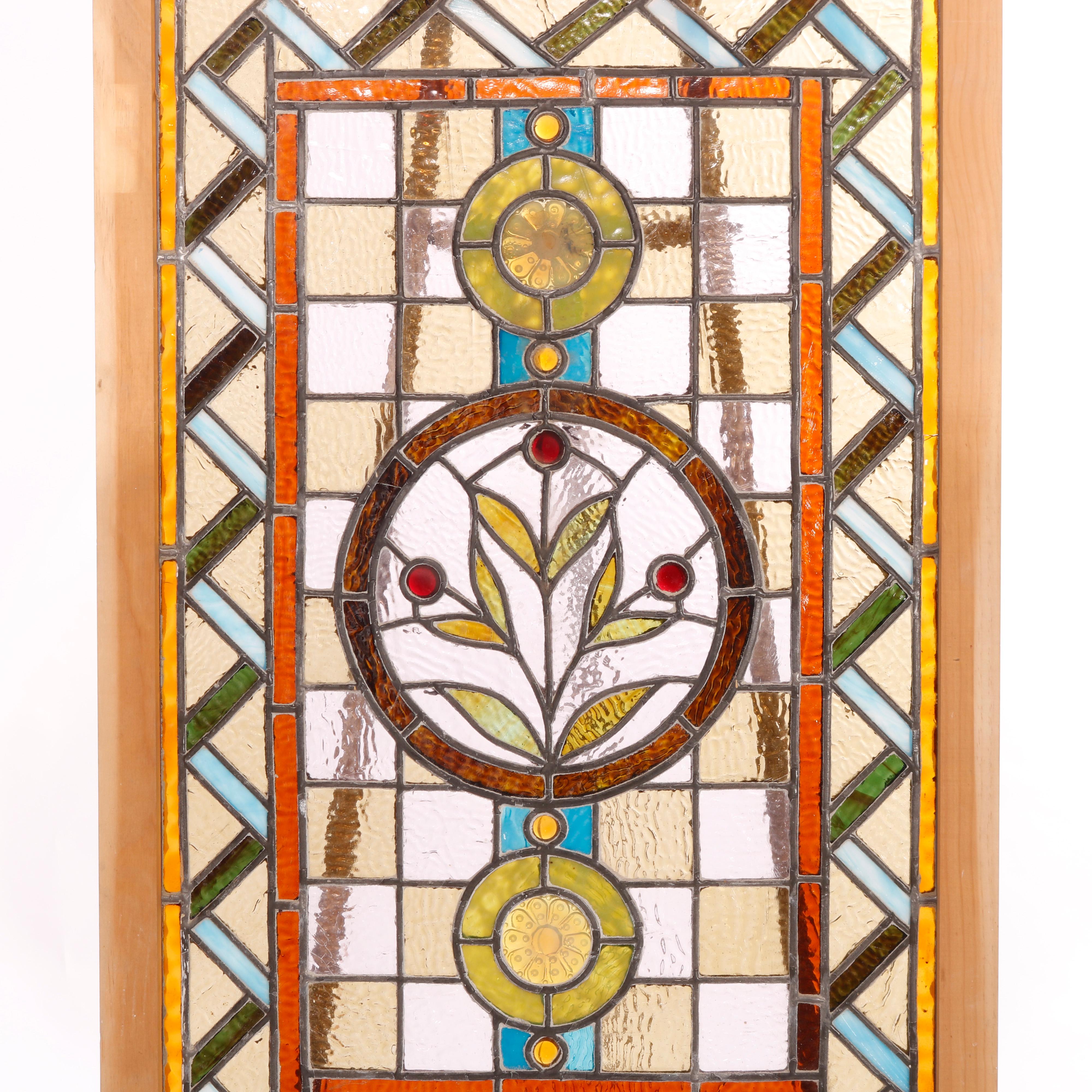 20th Century Antique Arts & Crafts Leaded & Jeweled Glass Windows, circa 1910