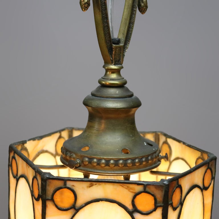 Antique Arts and Crafts Leaded Slag Glass Hanging Pendant Light, circa