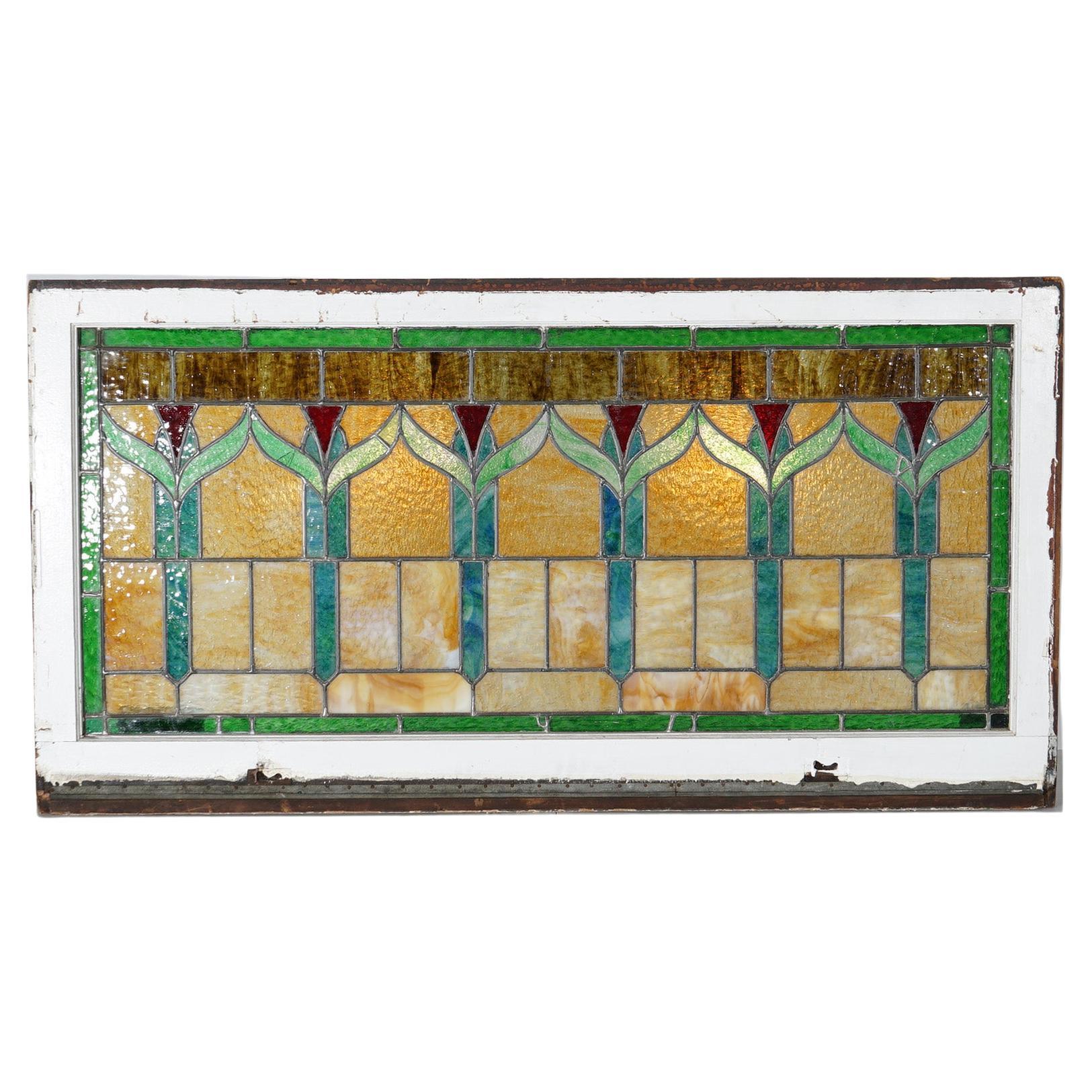 Antique Arts & Crafts Leaded Slag Glass Window C1910 For Sale