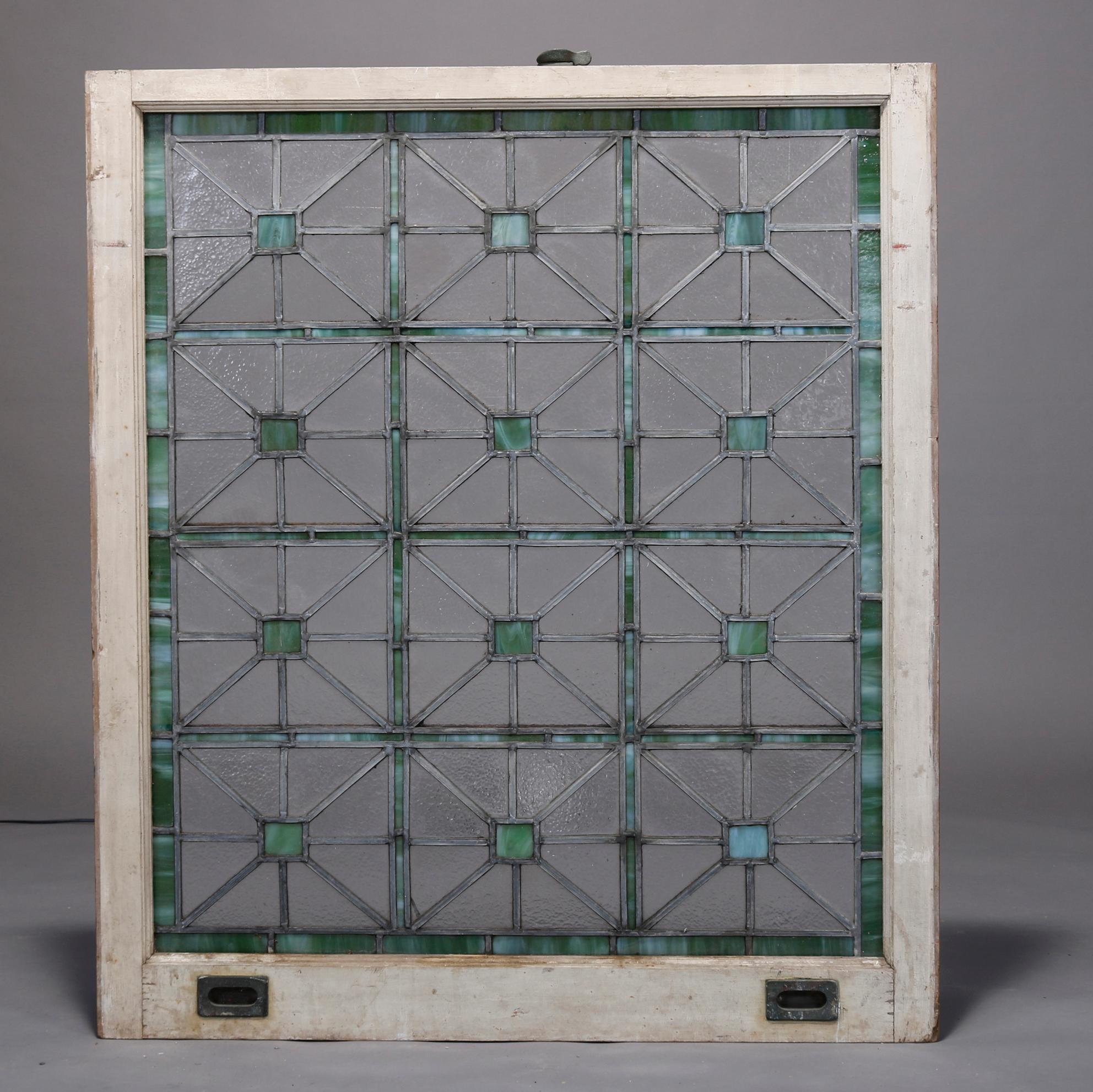 American Antique Arts & Crafts Prairie School Leaded Glass Window, Circa 1910