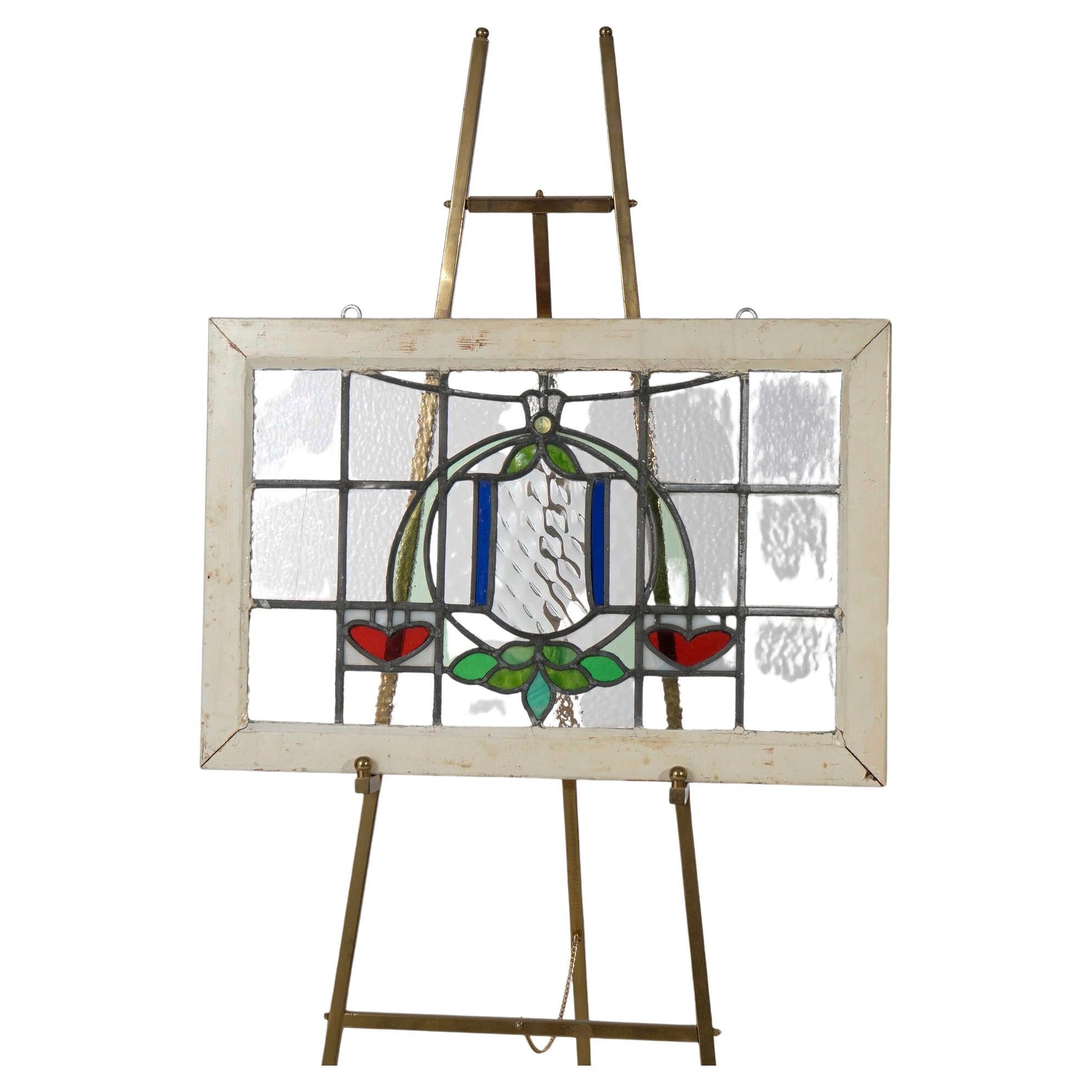 Arts and Crafts Stained Glass Window with Green Leaf Pattern, circa