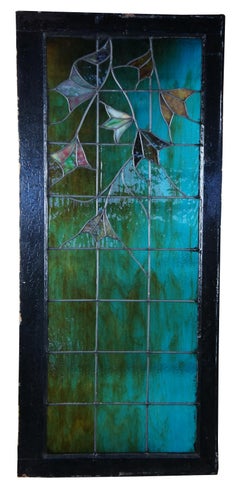 Antique Arts & Crafts Leaded Stained Glass Window Frame Blues Greens Floral