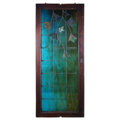 Antique Arts & Crafts Leaded Stained Glass Window Frame Blues Greens Floral