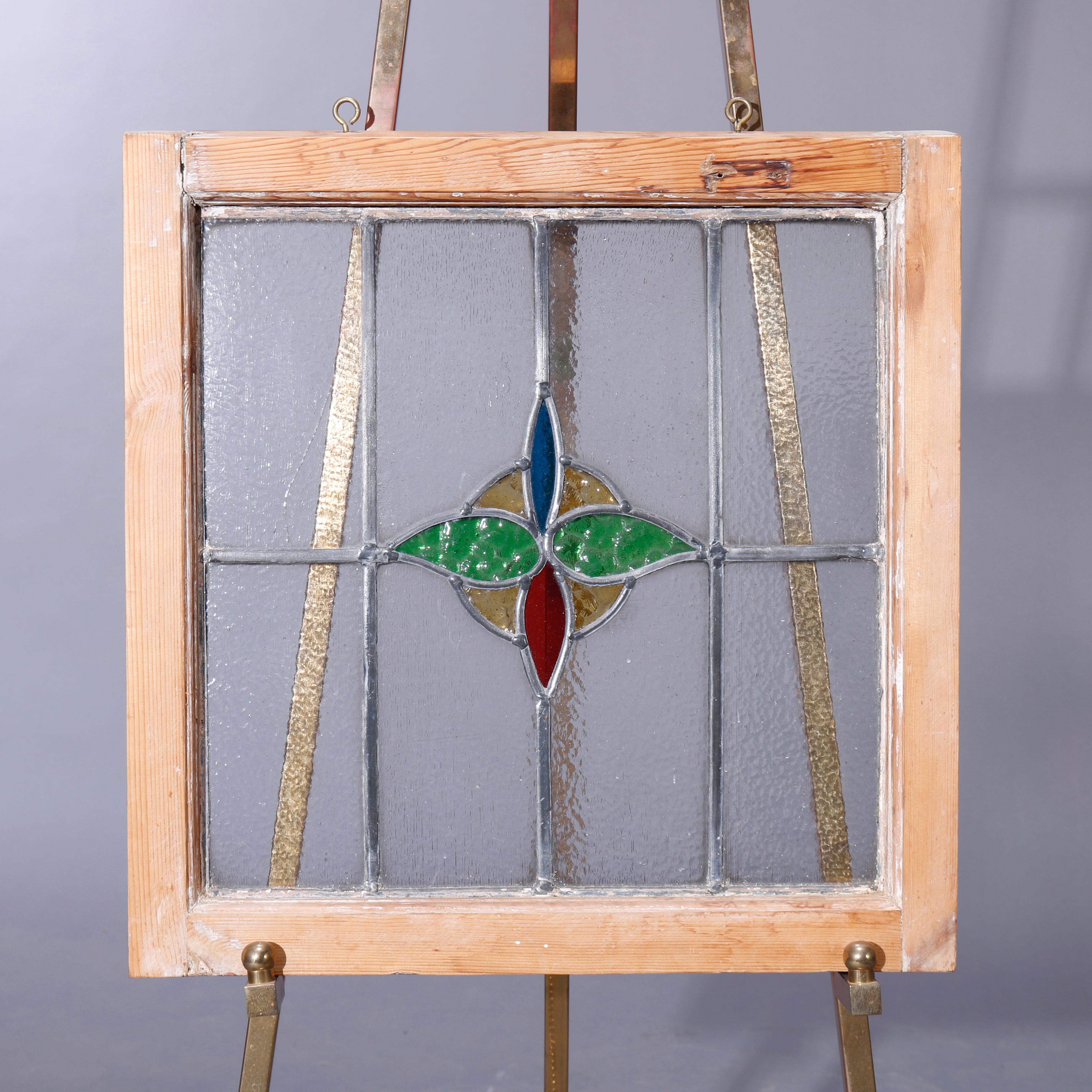 Antikes Arts and Crafts-Glasfenster mit Bleiglasmalerei, stilisiertes Blumendesign, um 1920 im Angebot 3
