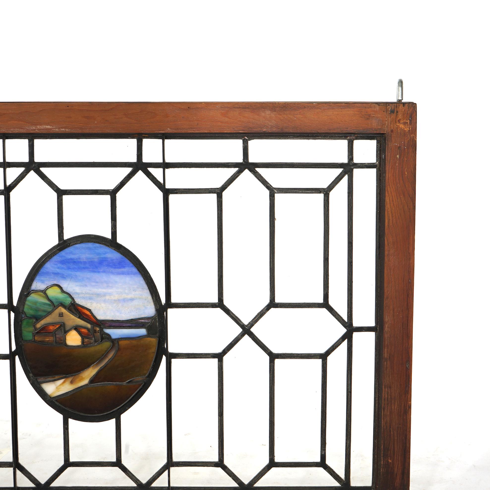 Antique Arts & Crafts Leaded & Stained Glass Window with Country Road circa 1910 For Sale 5