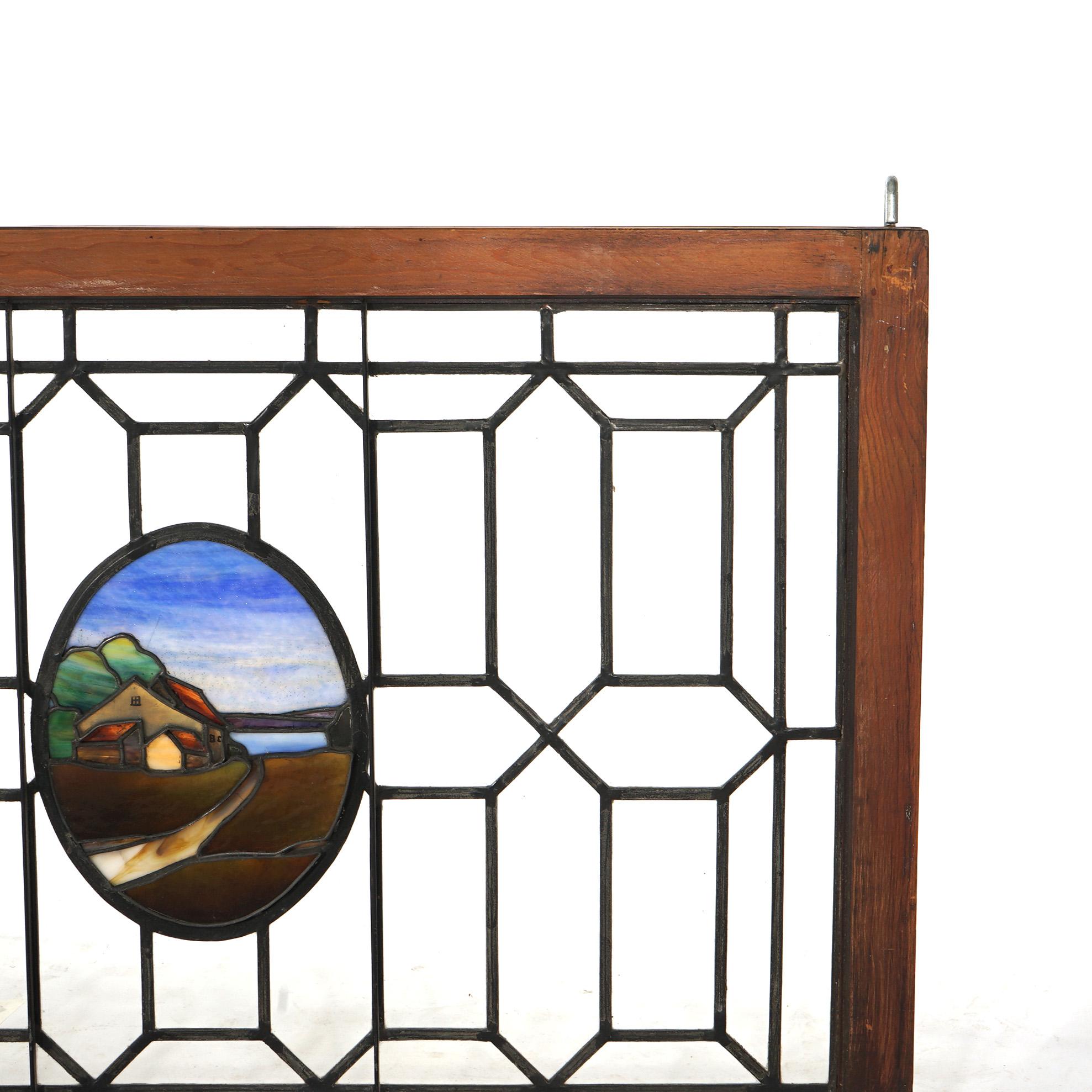 Antigua vidriera emplomada Arts & Crafts con carretera rural c1910 en venta 5
