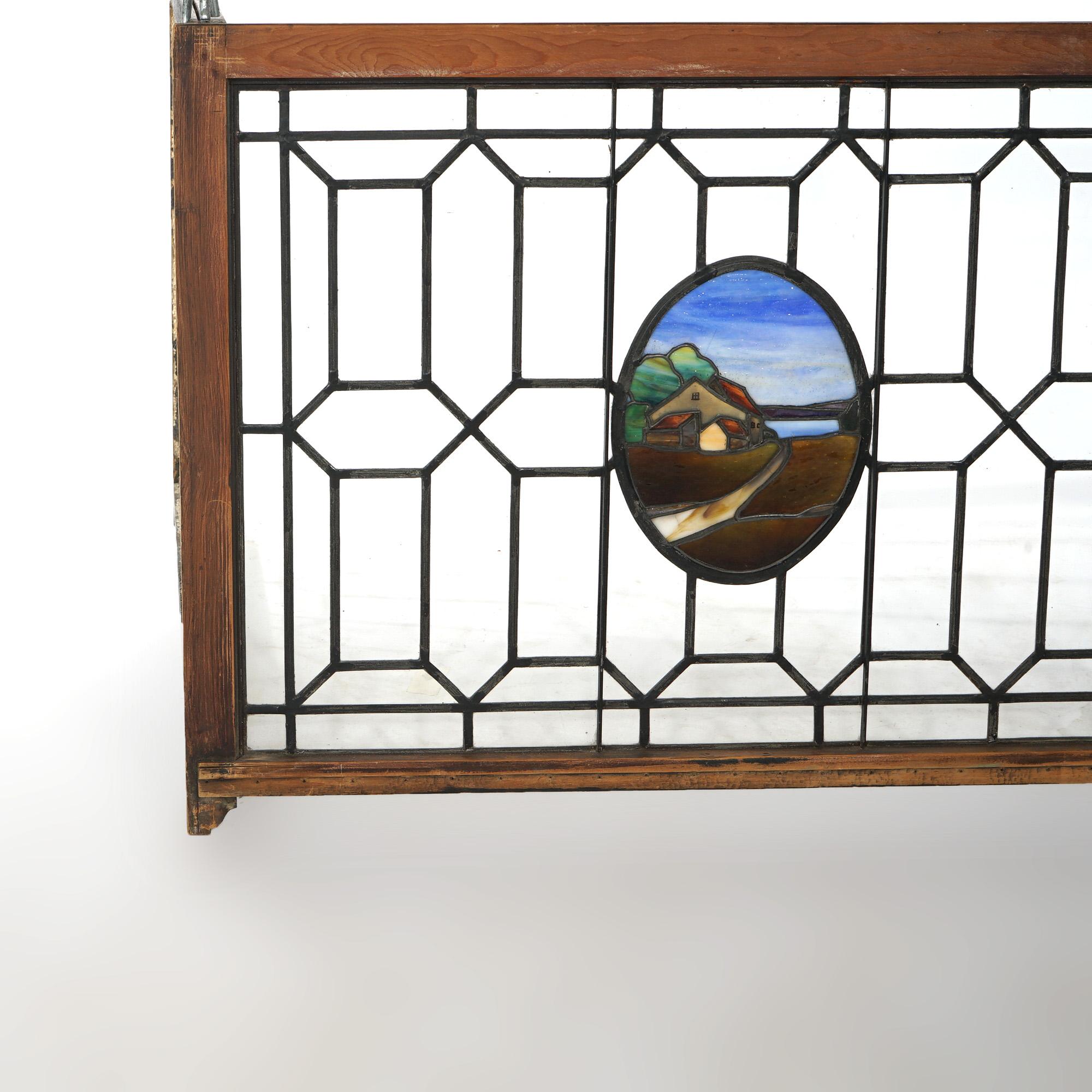 Antique Arts & Crafts Leaded & Stained Glass Window with Country Road circa 1910 For Sale 6