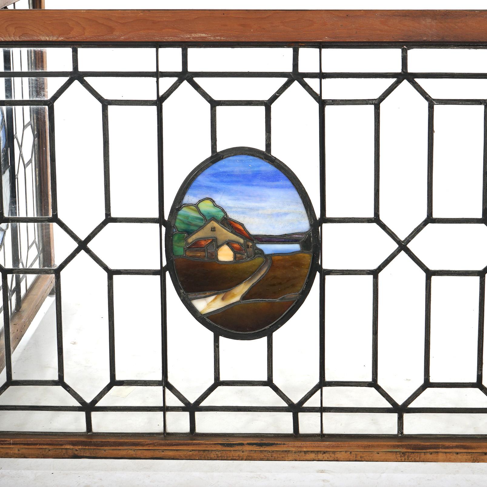 Antique Arts & Crafts Leaded & Stained Glass Window with Country Road circa 1910 For Sale 7