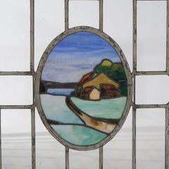 Vetrata antica Arts & Crafts con piombo e Stained Glass con strada di campagna c1910