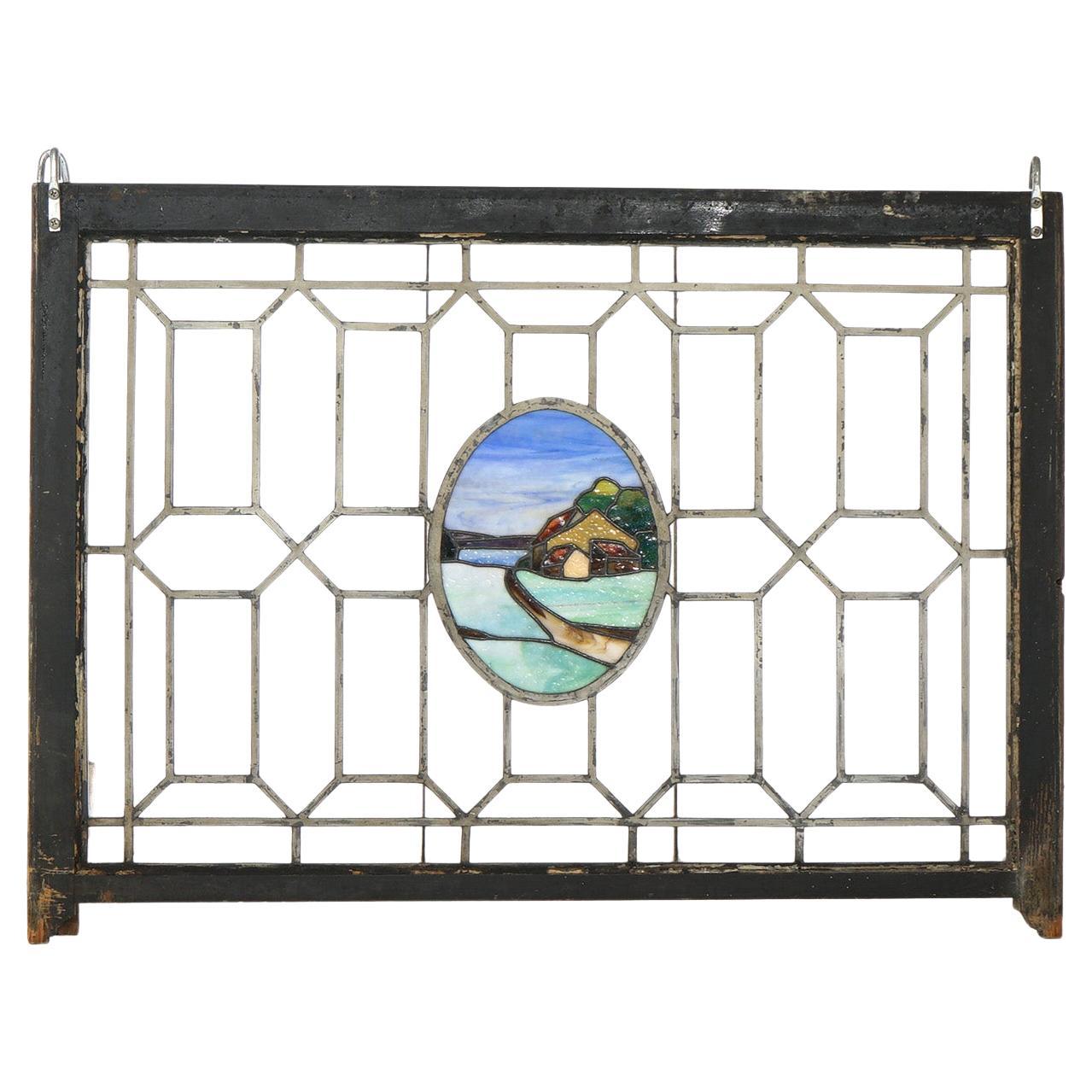 Antique Arts & Crafts Leaded & Stained Glass Window with Country Road circa 1910 For Sale