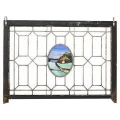 Used Arts & Crafts Leaded & Stained Glass Window with Country Road circa 1910