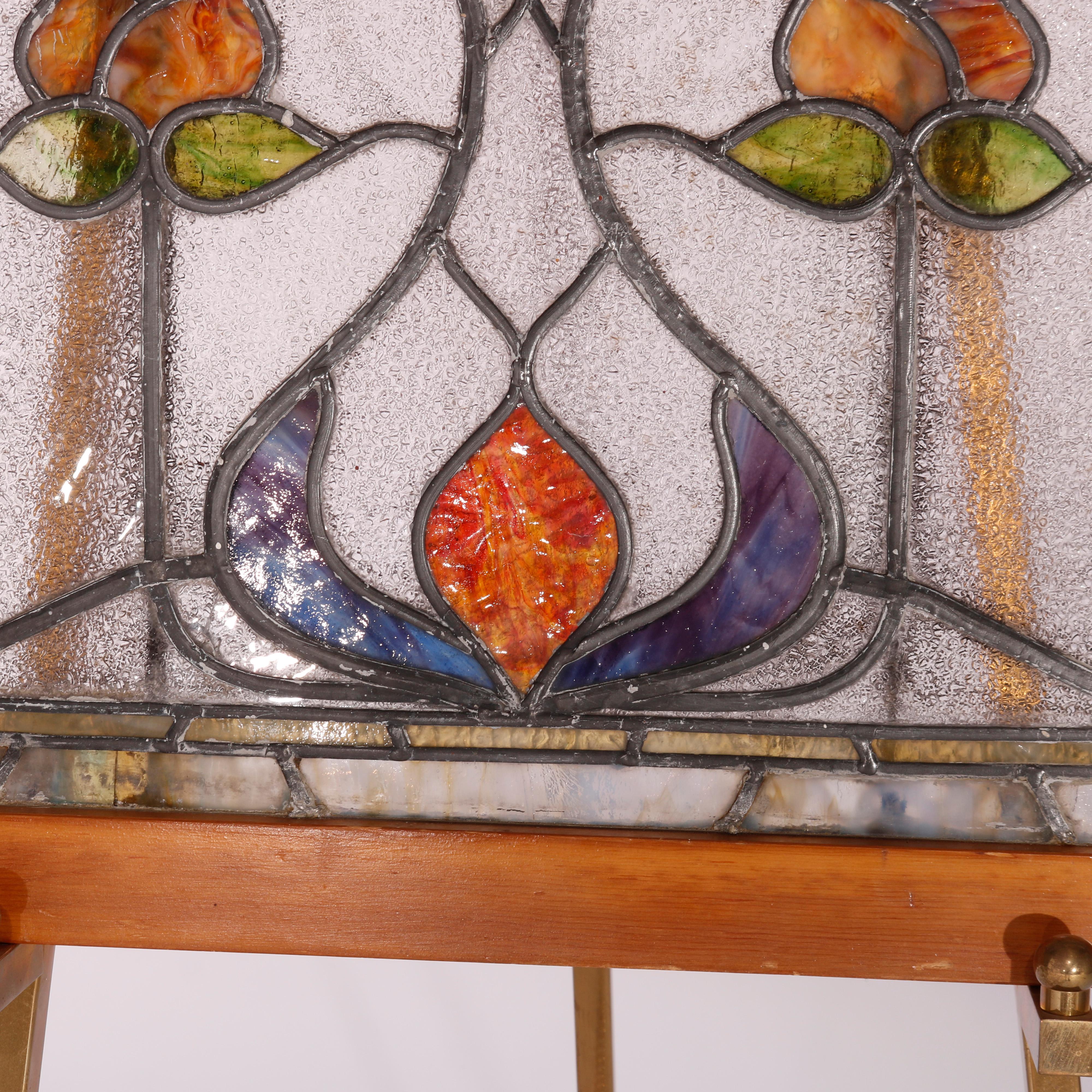 Antique Arts & Crafts Leaded & Stained Glass Window with Stylized Tulip, c1910 3