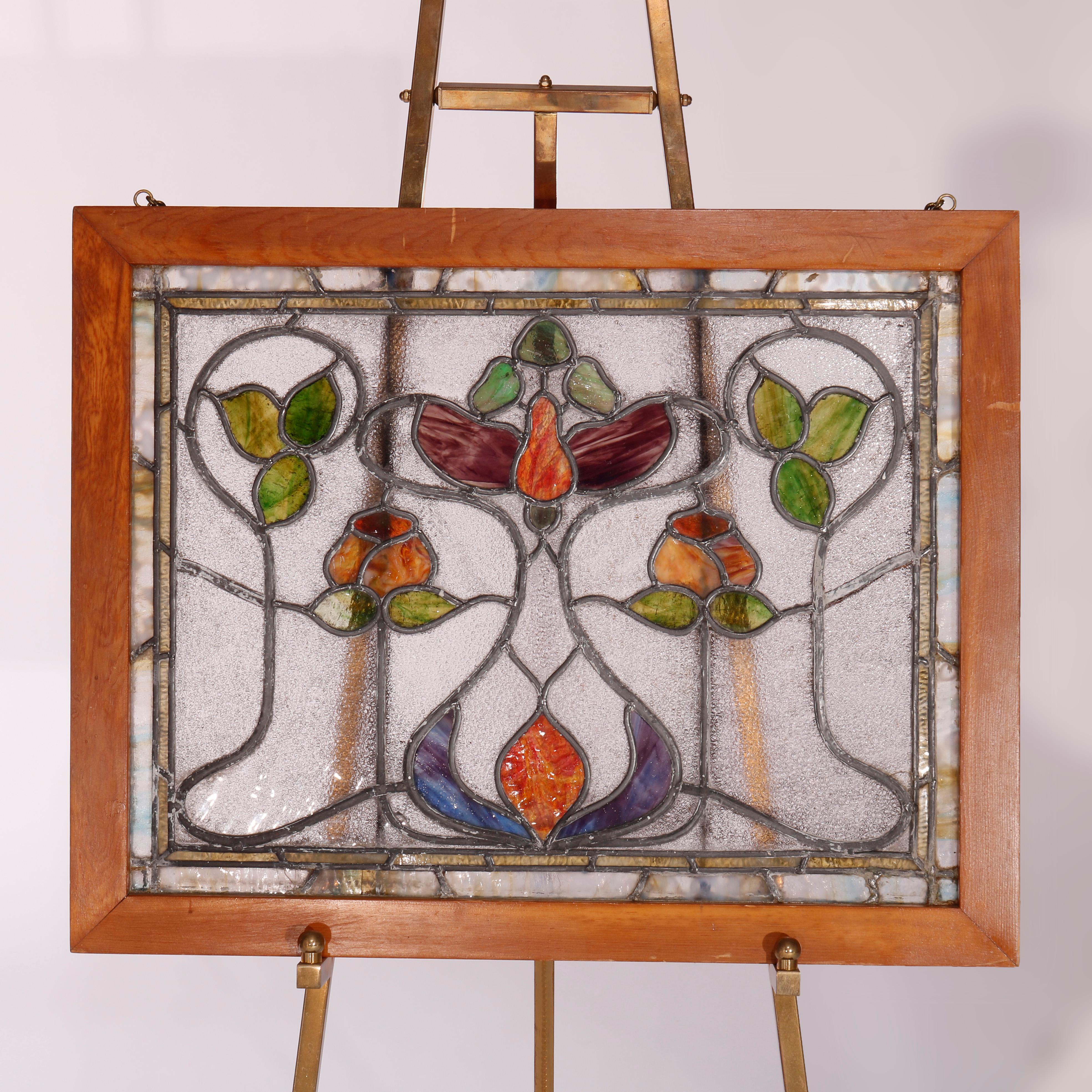 Antique Arts & Crafts Leaded & Stained Glass Window with Stylized Tulip, c1910 7