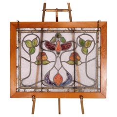 Antique Arts & Crafts Leaded & Stained Glass Window with Stylized Tulip, c1910