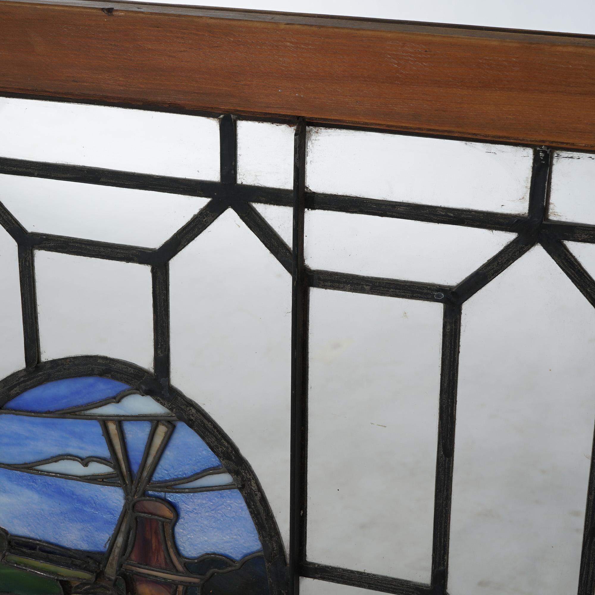 Antique Arts & Crafts Leaded & Stained Glass Window with Windmill, c1910 5