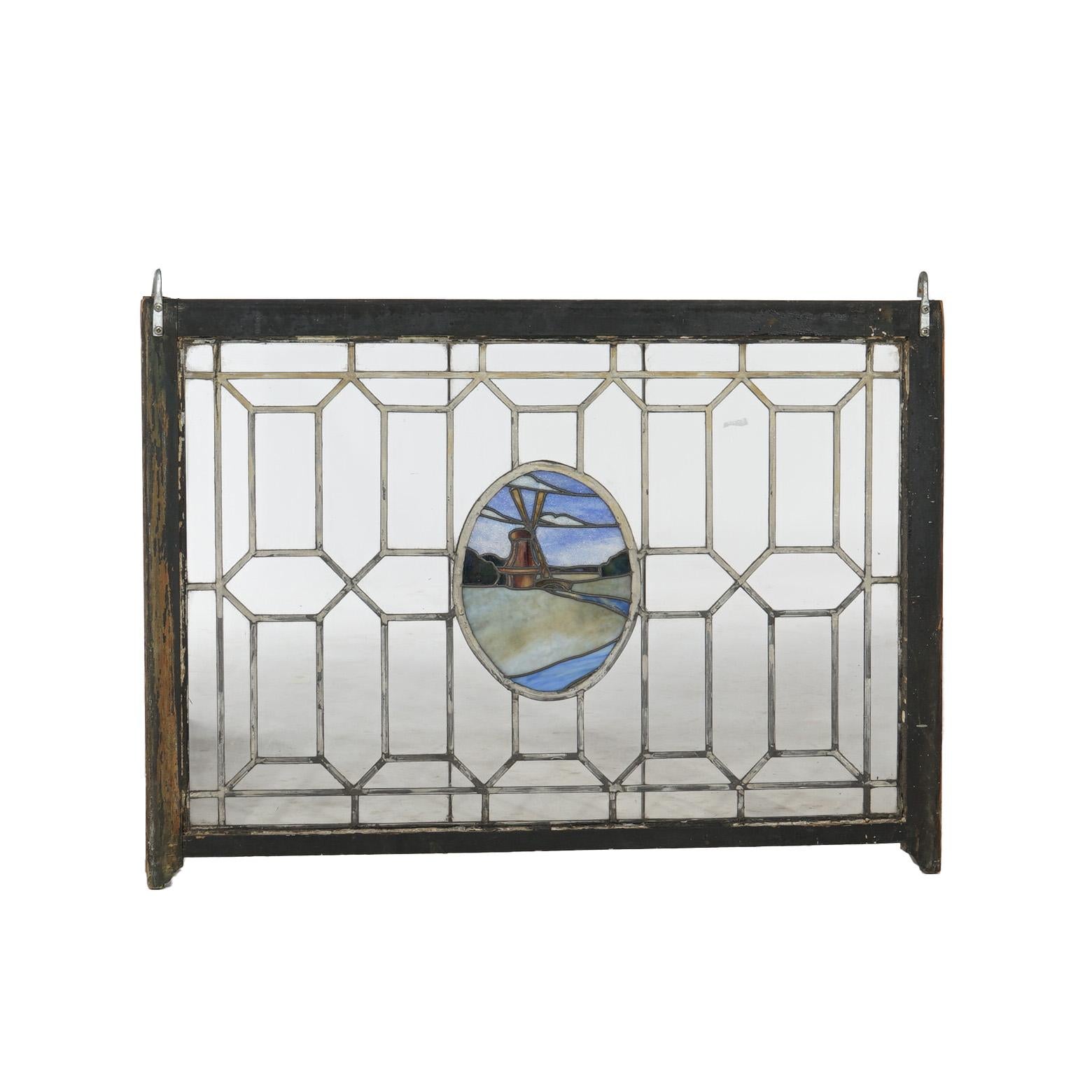 Arts and Crafts Antique Arts & Crafts Leaded & Stained Glass Window with Windmill, c1910 For Sale
