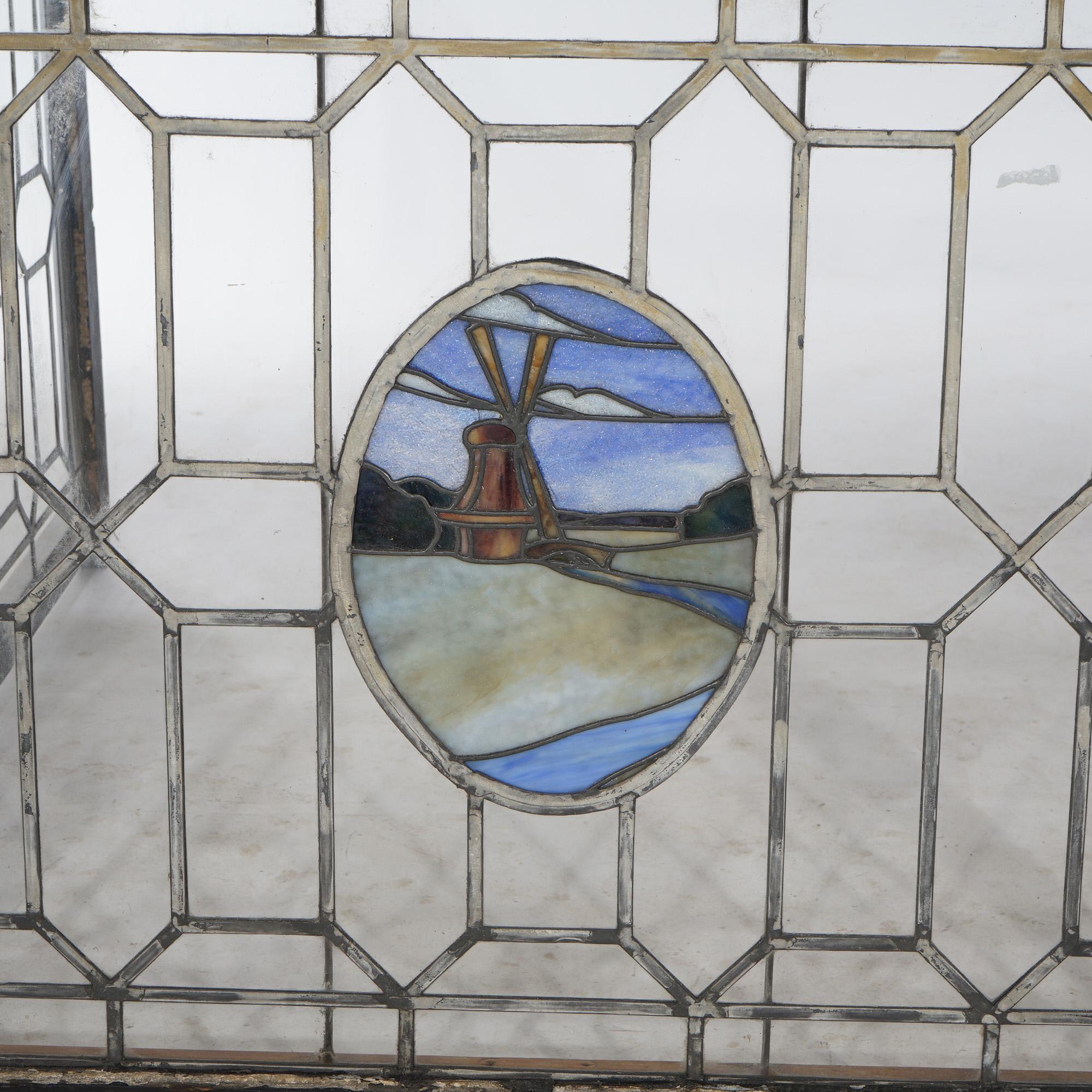 20th Century Antique Arts & Crafts Leaded & Stained Glass Window with Windmill, c1910 For Sale