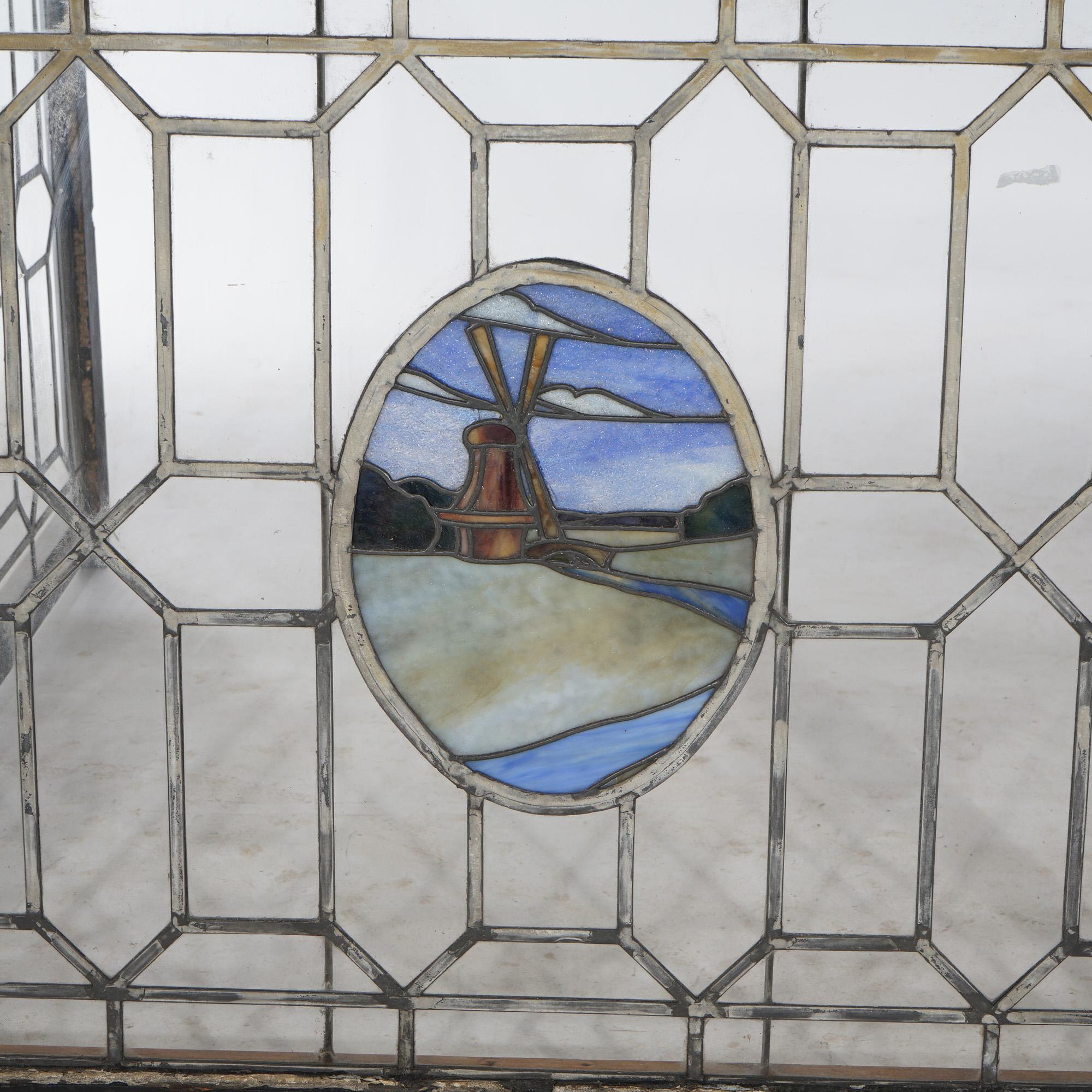 20th Century Antique Arts & Crafts Leaded & Stained Glass Window with Windmill, c1910