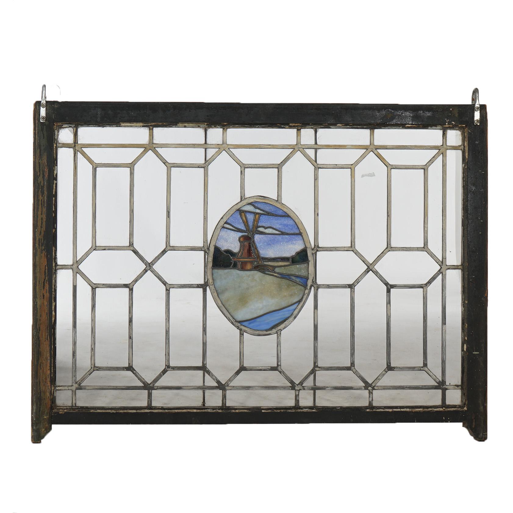 Antique Arts & Crafts Leaded & Stained Glass Window with Windmill, c1910 For Sale 2