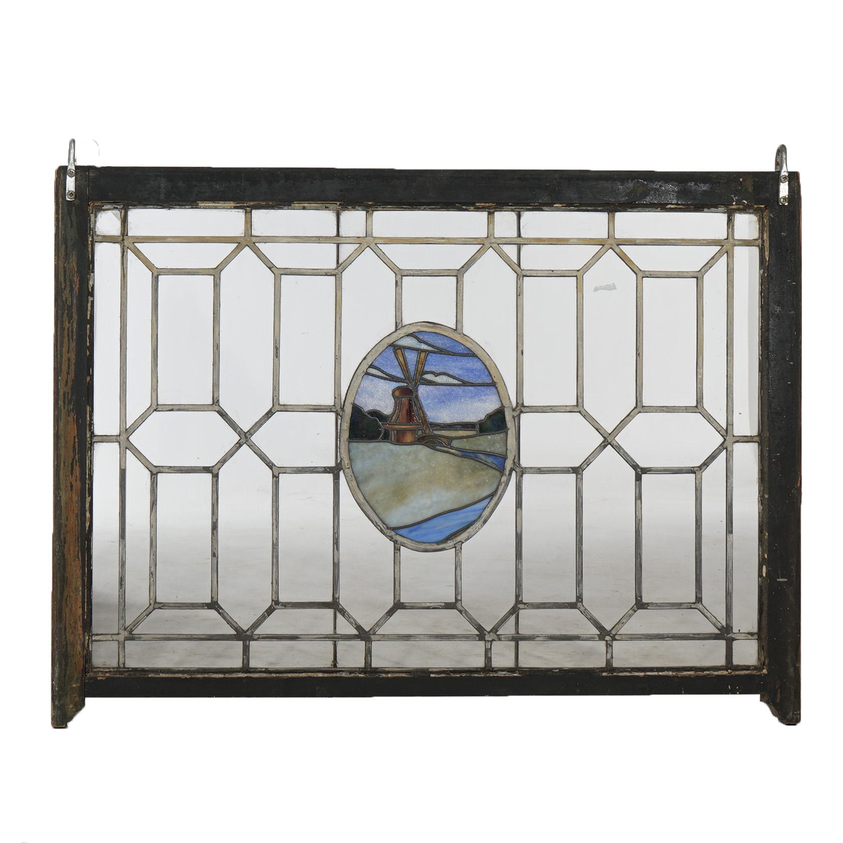 Antique Arts & Crafts Leaded & Stained Glass Window with Windmill, c1910 2