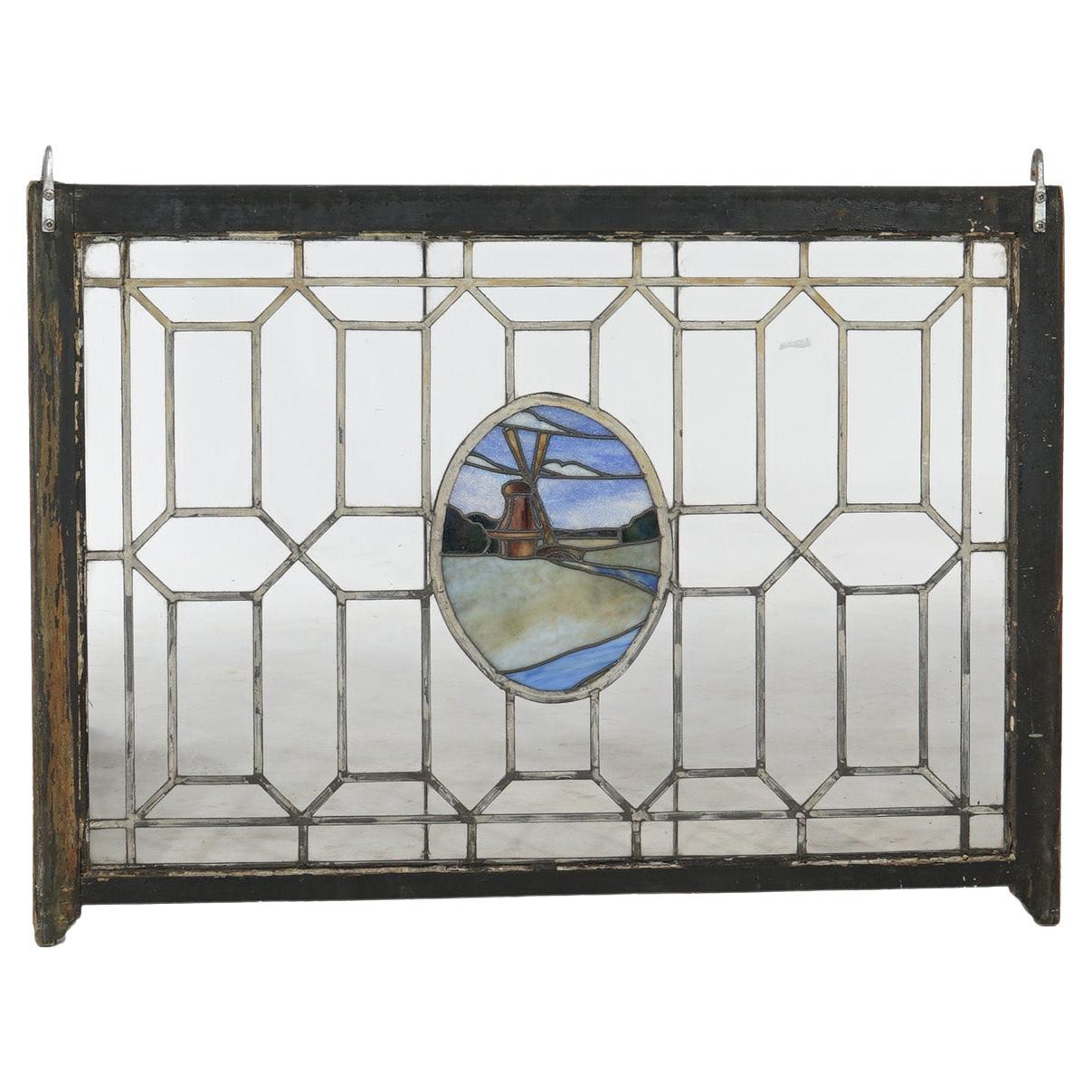 Antique Arts & Crafts Leaded & Stained Glass Window with Windmill, c1910