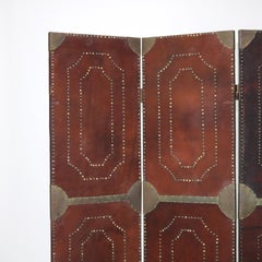 Antique Arts & Crafts Leather & Brass Three Panel Screen C1920