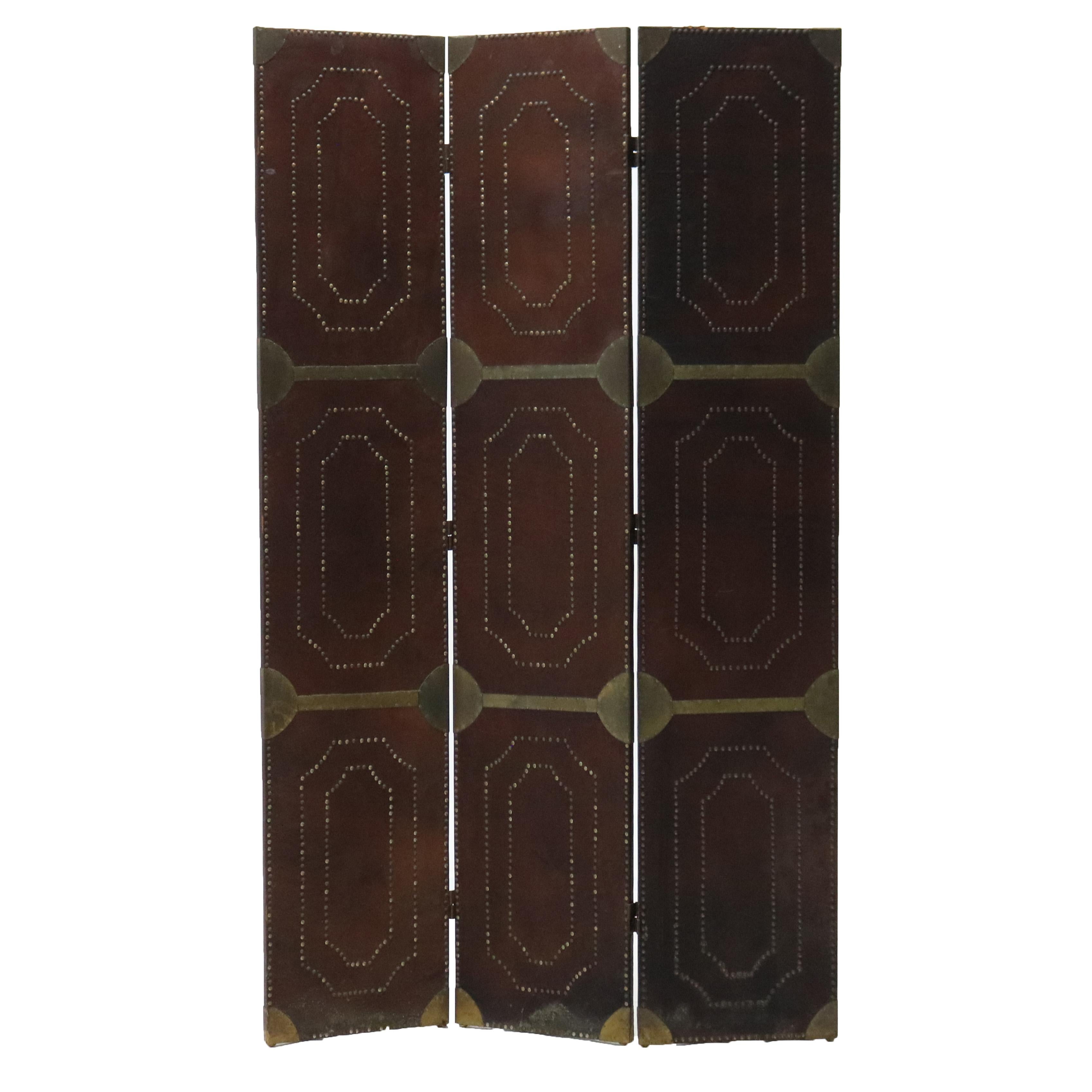 Arts and Crafts Antique Arts & Crafts Leather & Brass Three Panel Screen C1920