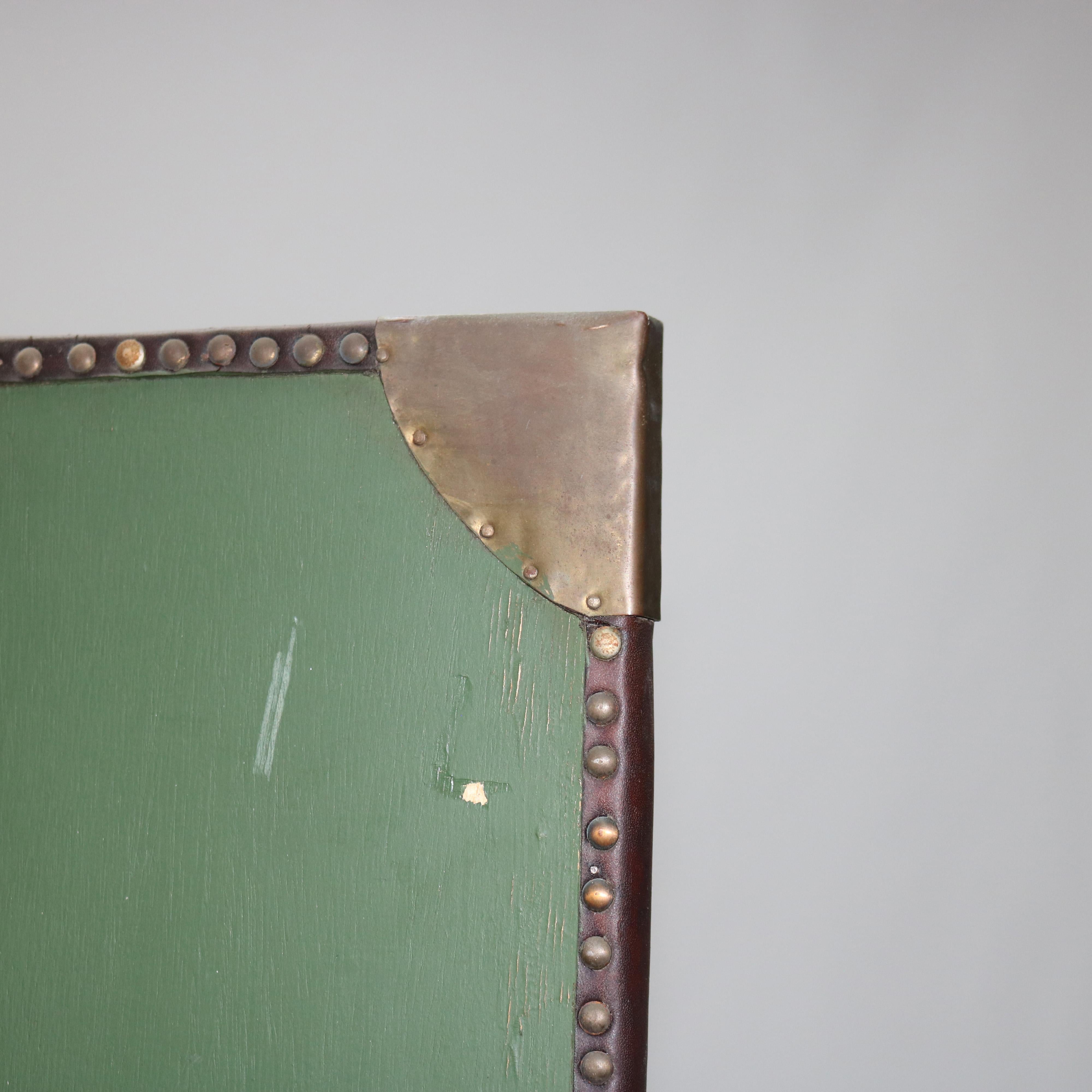 Antique Arts & Crafts Leather & Brass Three Panel Screen C1920 In Good Condition In Big Flats, NY
